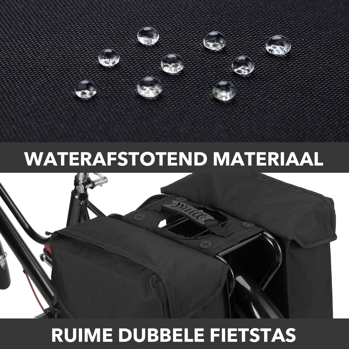 Brisby Dubbele Fietstas 34 Liter – Voor Gewone en Elektrische Fiets – Waterafstotend Polyester – Met Trekkoord, Gespsluiting en Reflectie – Zwart
