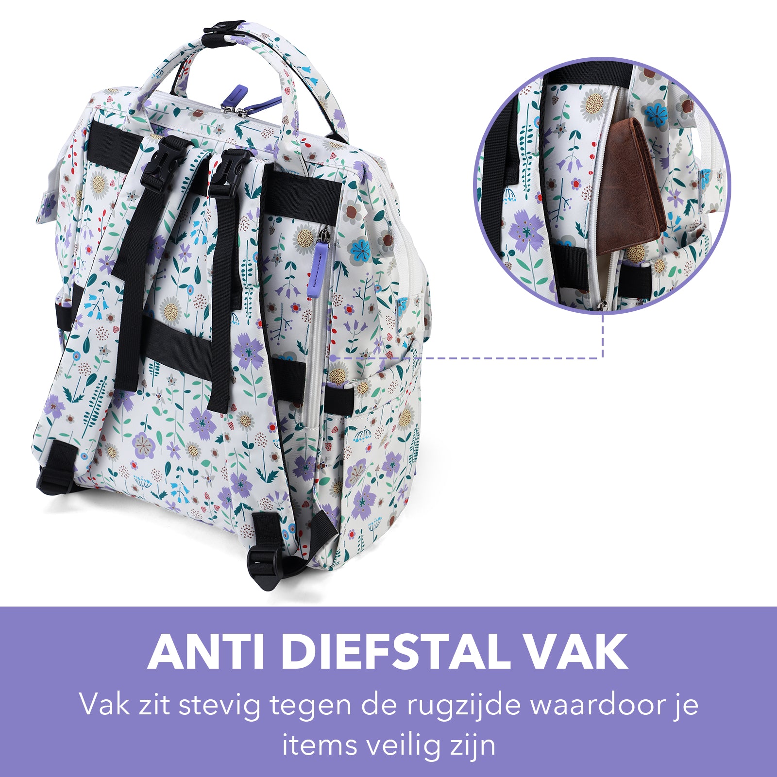 Stayopen luiertas purple flower - Verzorgingstas - stay-open frame - USB oplaadfunctie - incl. buggymontage en verschoonmat