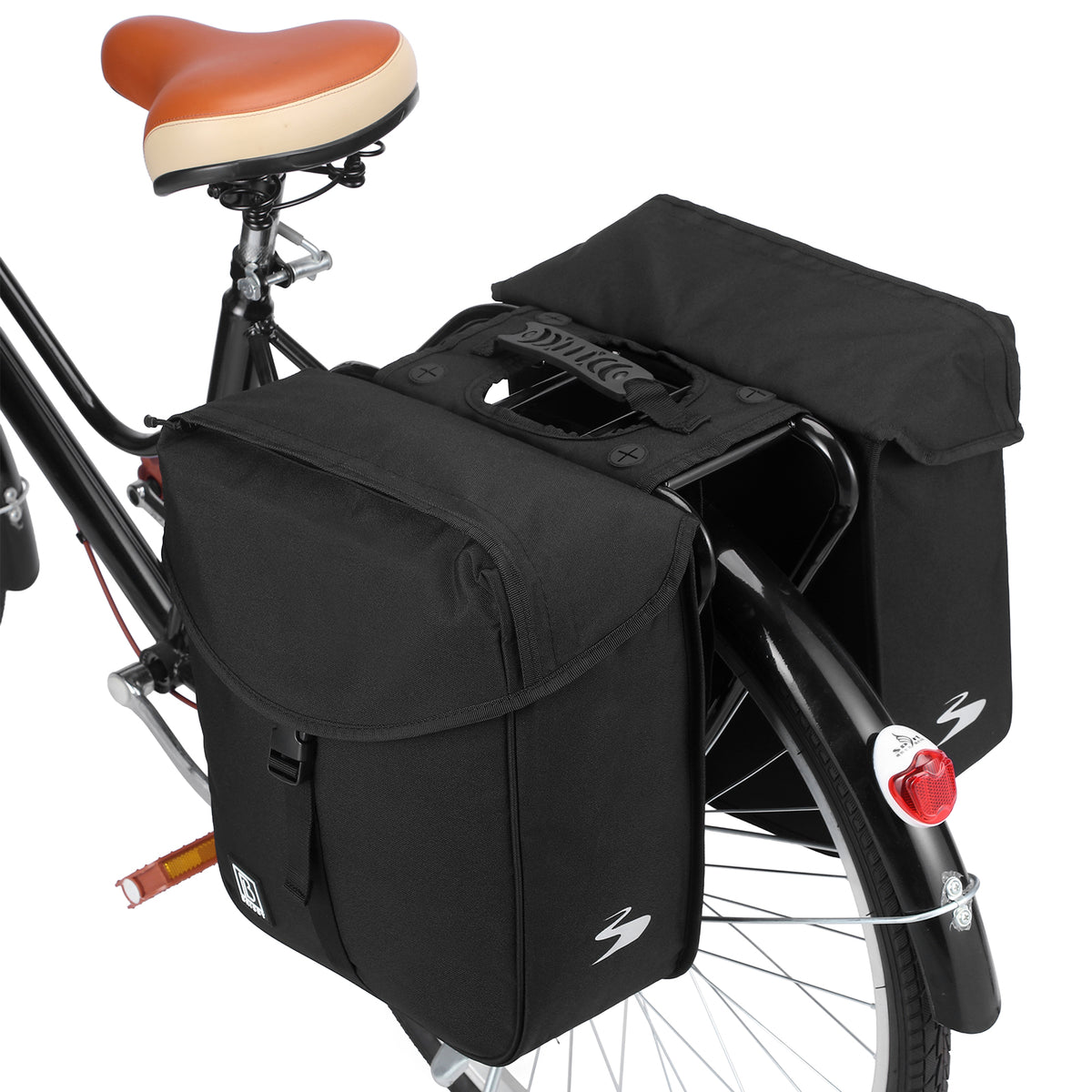 Brisby Dubbele Fietstas 34 Liter – Voor Gewone en Elektrische Fiets – Waterafstotend Polyester – Met Trekkoord, Gespsluiting en Reflectie – Zwart