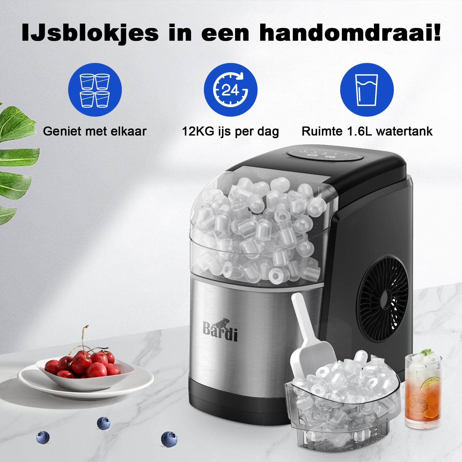 Bardi Deluxe Ice Cube Machine 1.6L black stainless steel - Self-cleaning function - ice cube maker with ice scoop - Incl. luxury thermos cup and ice scoop