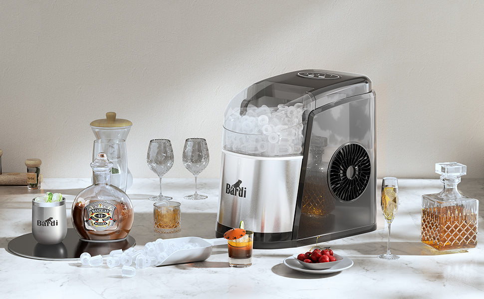 Bardi Deluxe Ice Cube Machine 1.6L black stainless steel - Self-cleaning function - ice cube maker with ice scoop - Incl. luxury thermos cup and ice scoop