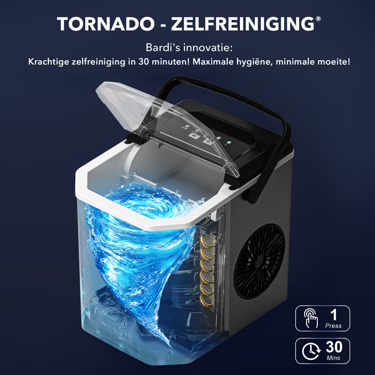 Bardi 1.3L Deluxe IJsblokjesmachine Square – IJsblokmaker Inclusief Luxe Thermosbeker en IJsschep – 9 Blokjes in 8 Minuten – Gunmetal