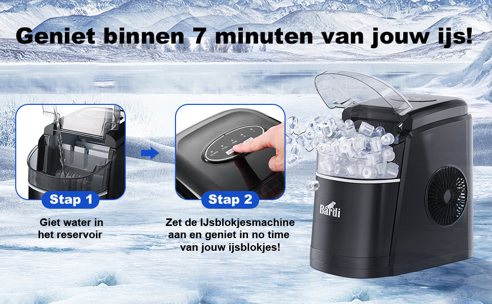 Bardi Deluxe Ice Cube Machine 1.6L black - Self-cleaning function - ice cube maker with ice scoop - Incl. luxury thermos cup and ice scoop