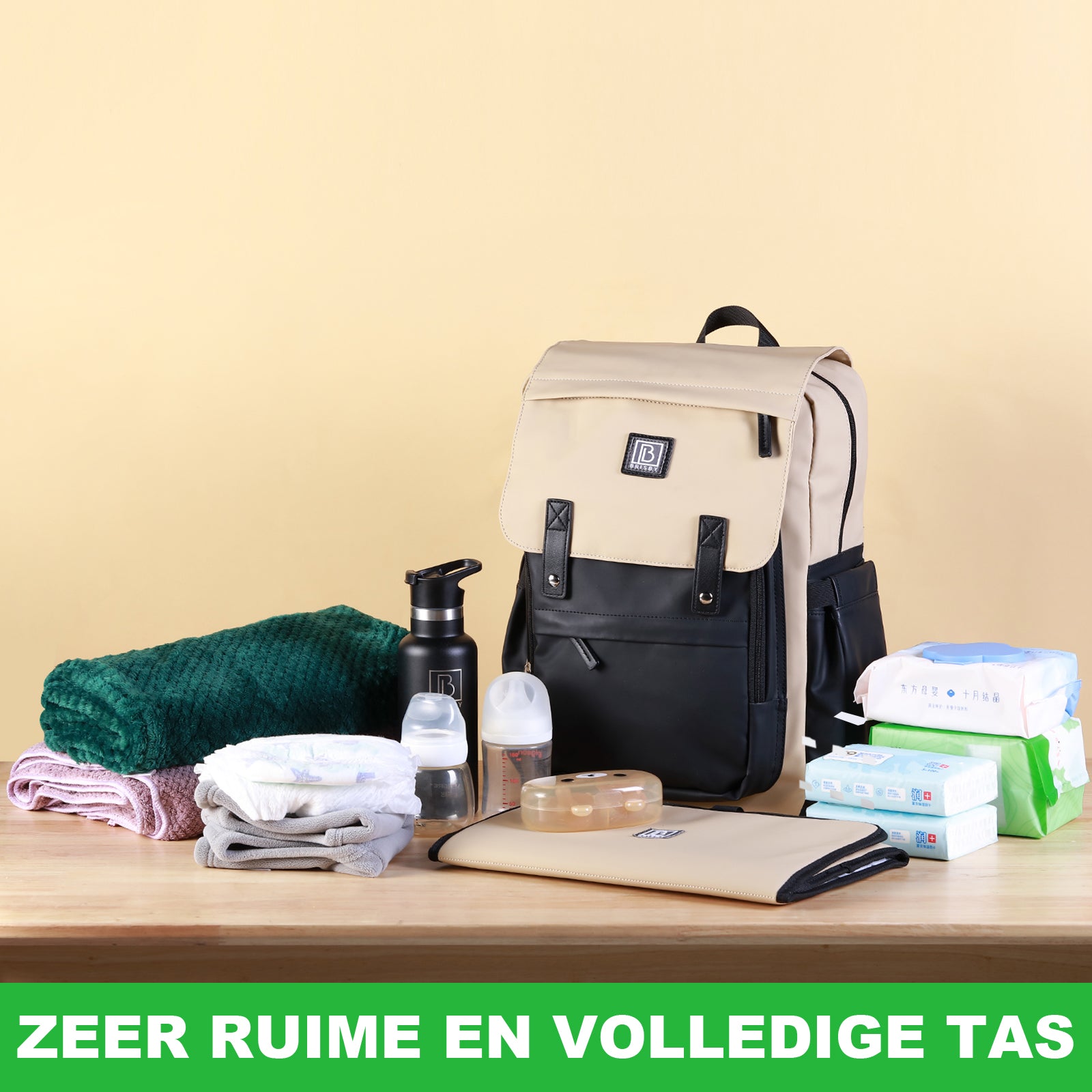 Two-tone slijtvaste luiertas crème en zwart - Verzorgingstas - incl. buggymontage en verschoningsmat