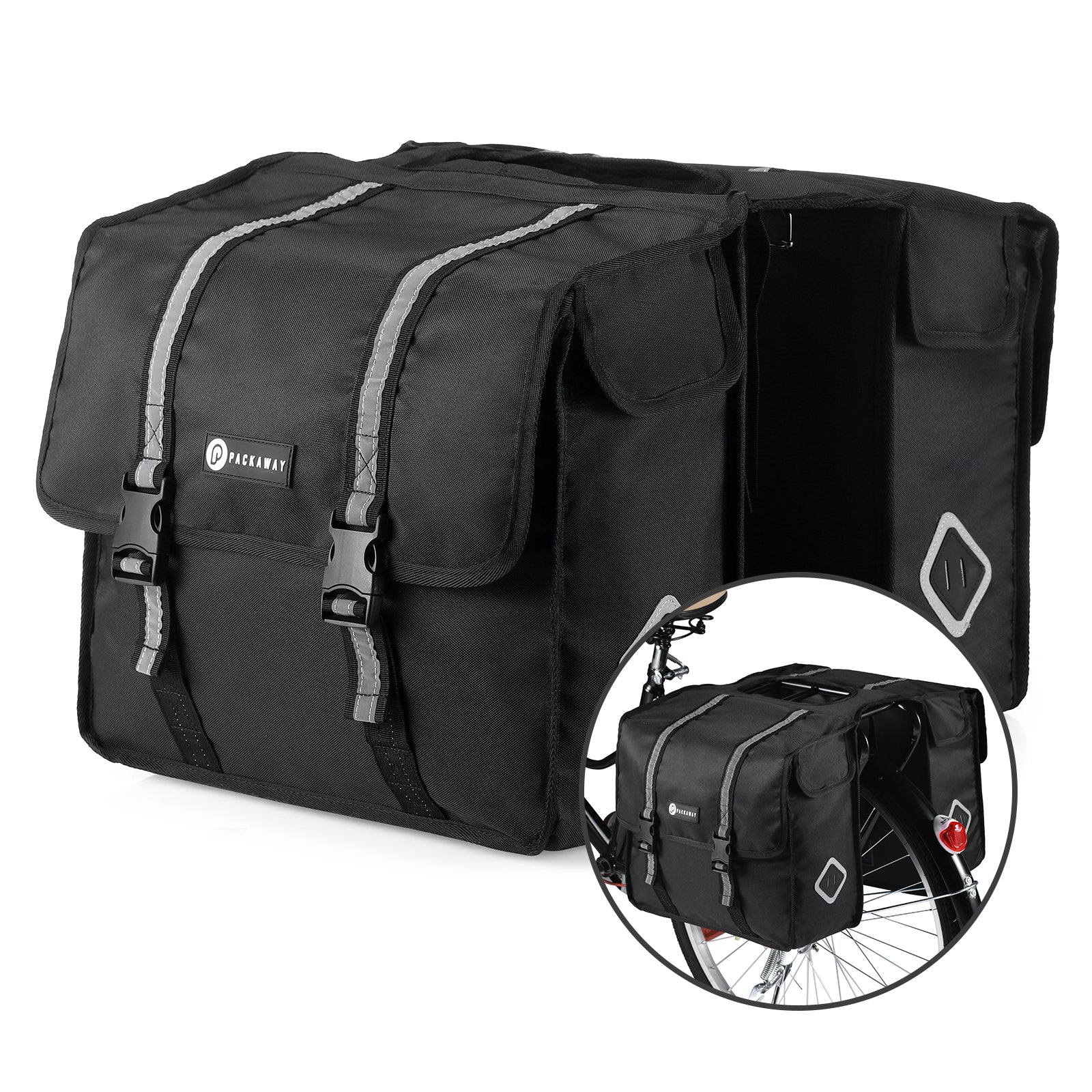 Packaway Double Panniers - Waterproof Panniers Electric Bike - Reflective - Black 36 Liters