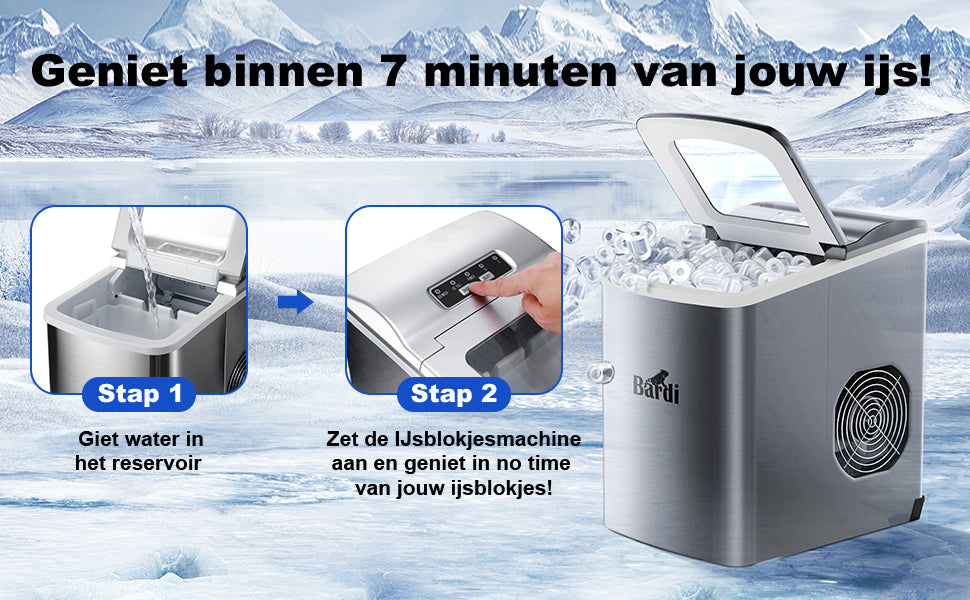 Bardi Deluxe Ice Cube Machine 2L Stainless Steel - Self-cleaning function - Ice cube maker with ice scoop - Incl. luxury thermos cup and ice scoop