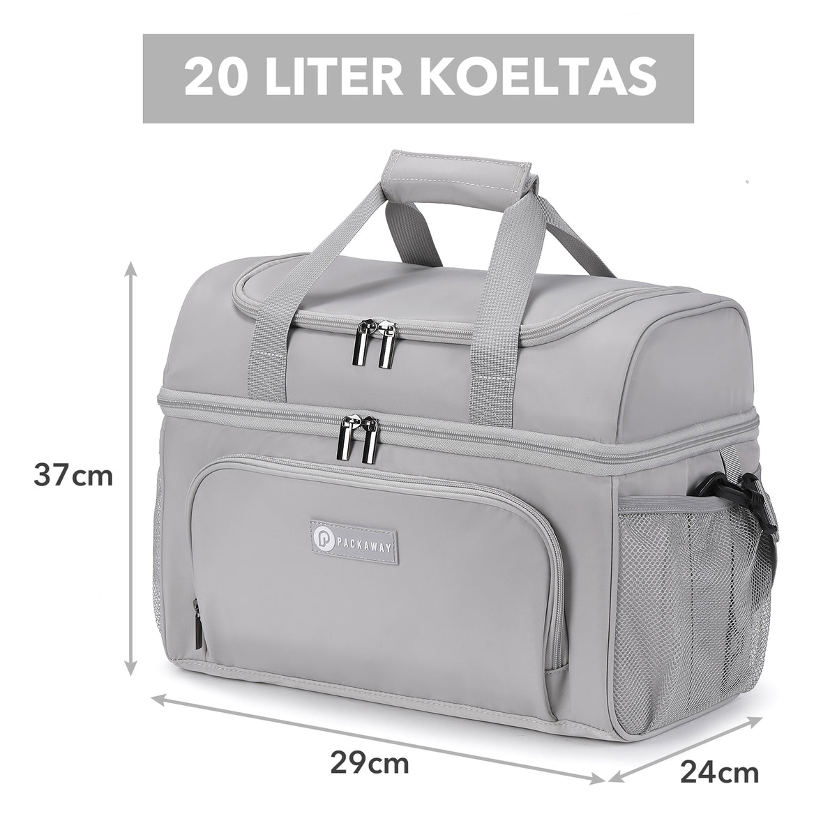 Packaway Koeltas 20L - Lunchtas - Inclusief 4 Koelelementen - Dubbel Compartiment - 4-Laags Geïsoleerd - Waterafstotend - Modern Grey