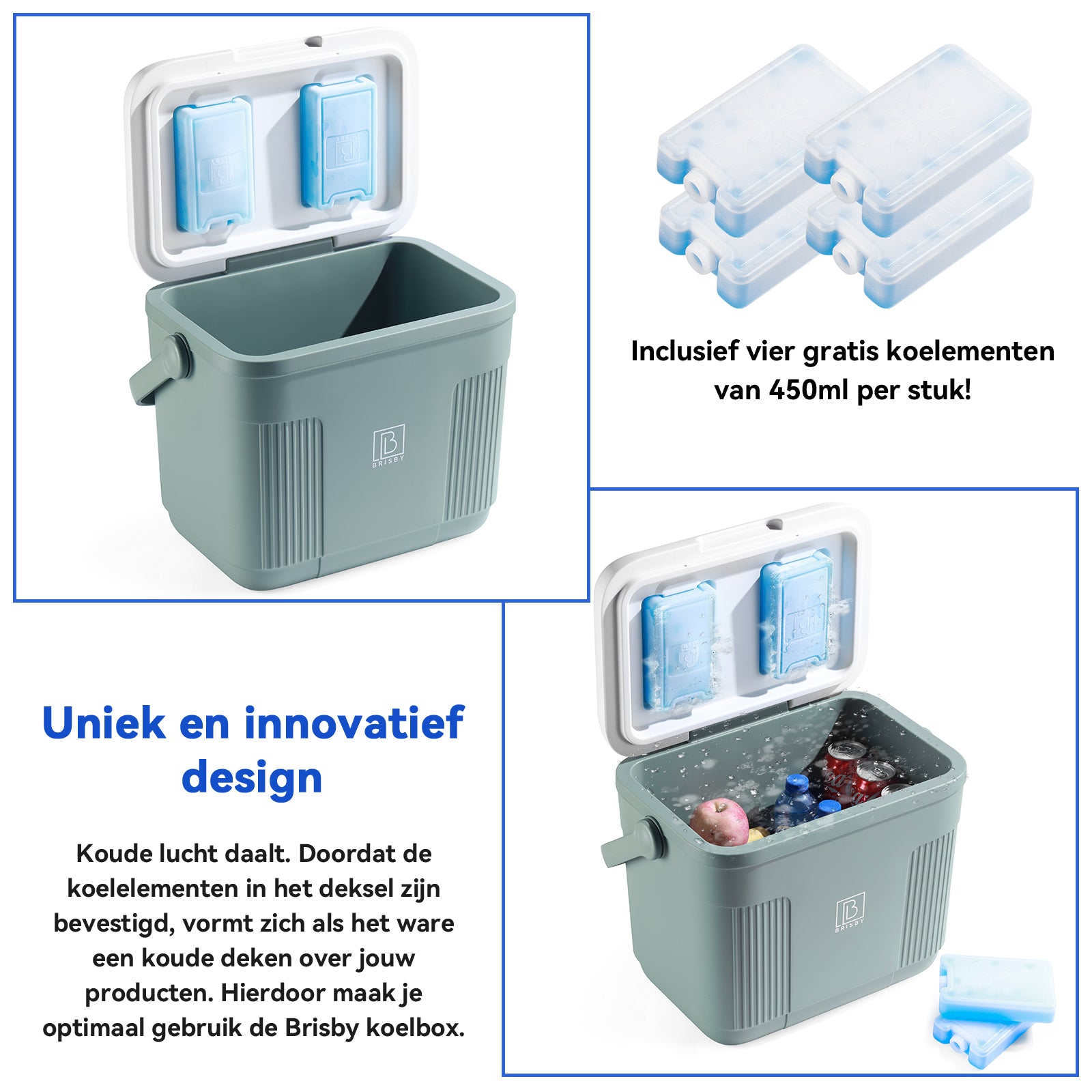 Koelbox 22L groen - Tot maximaal 40 uur isolatie - incl. 4 450ml koelelementen - temperatuur veilige sluiting - koelelementen vergrendeld in deksel