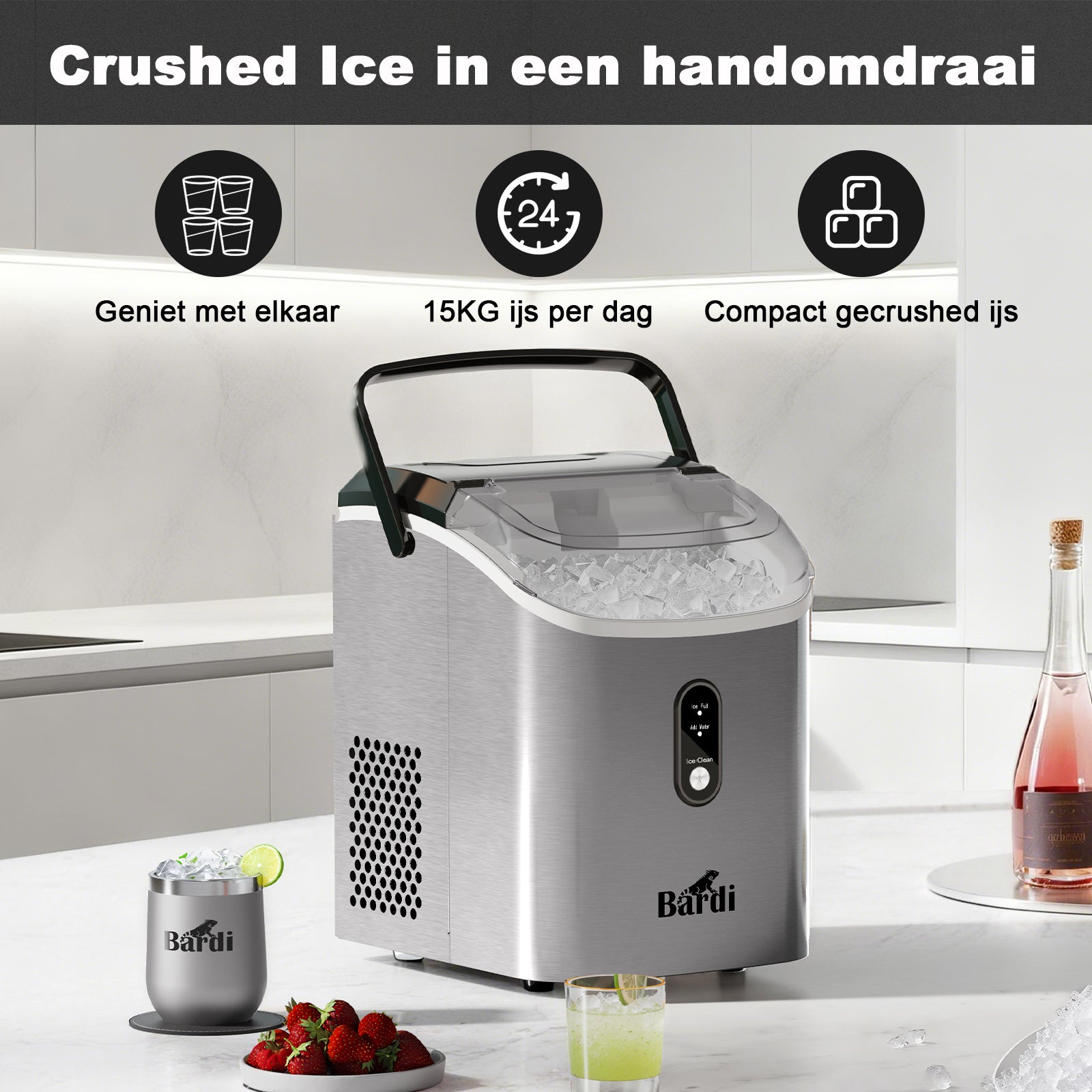 Bardi Nugget IJsblokjesmachine Rond 1,1L RVS - 15 kg/24 uur - incl. thermosbeker