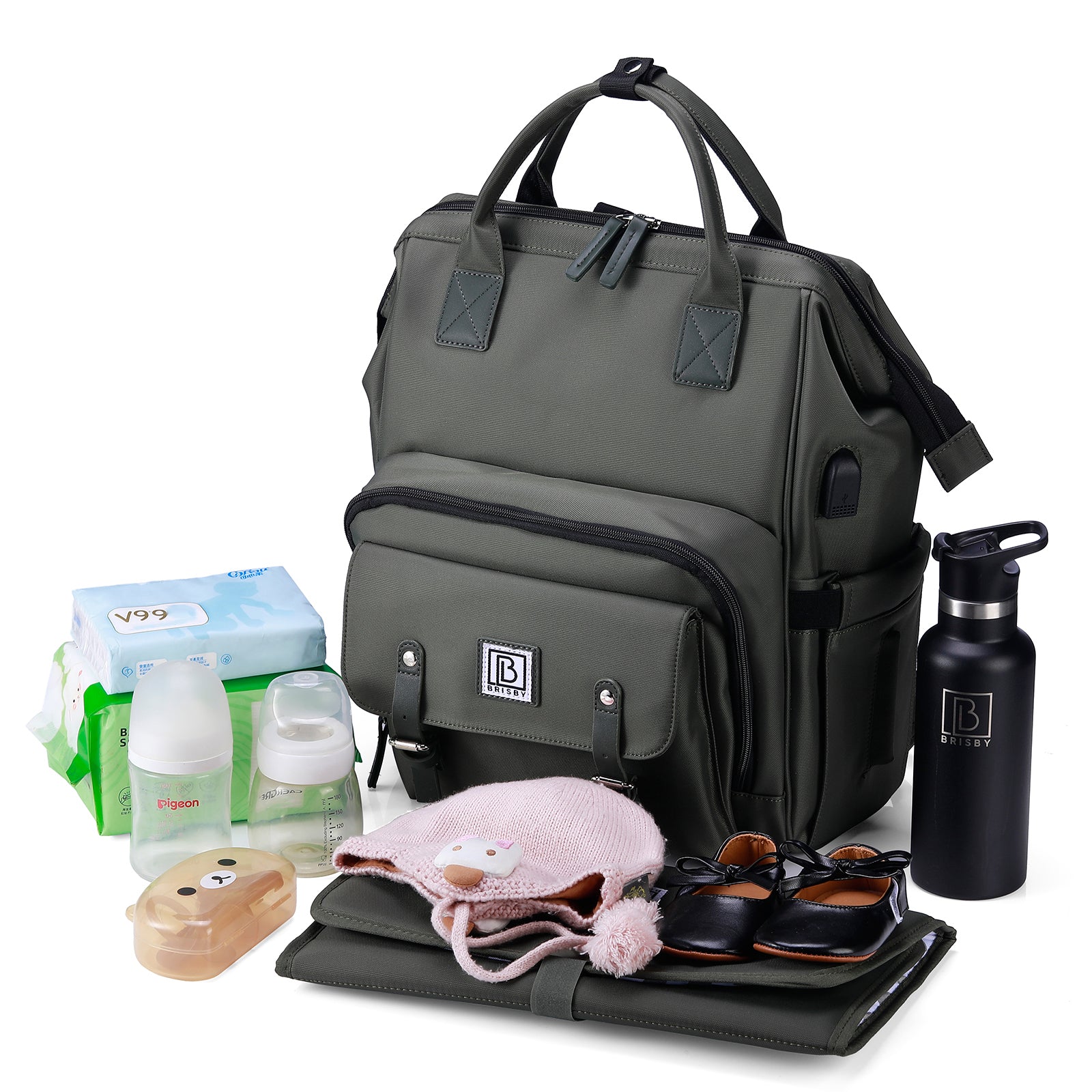 Stayopen luiertas groen - Verzorgingstas - stay-open frame - USB oplaadfunctie - incl. buggymontage en verschoonmat