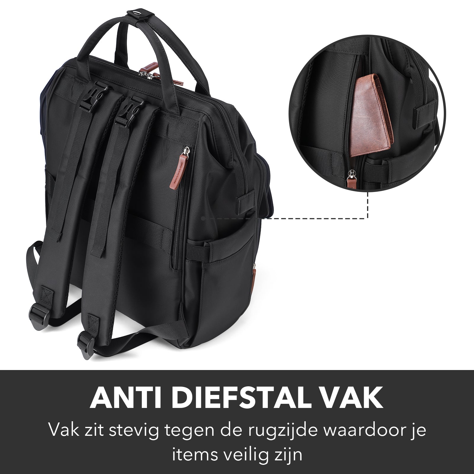 Stayopen luiertas zwart - Verzorgingstas - stay-open frame - USB oplaadfunctie - incl. buggymontage en verschoonmat
