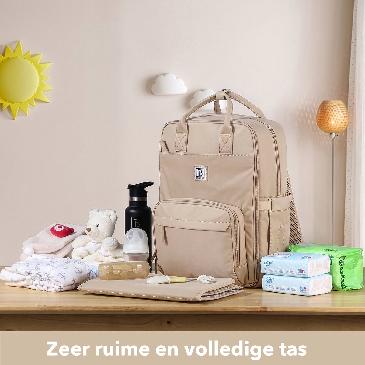 Brisby slijtvaste Luiertas – verzorgingstas – met buggymontage - Natural Champagne