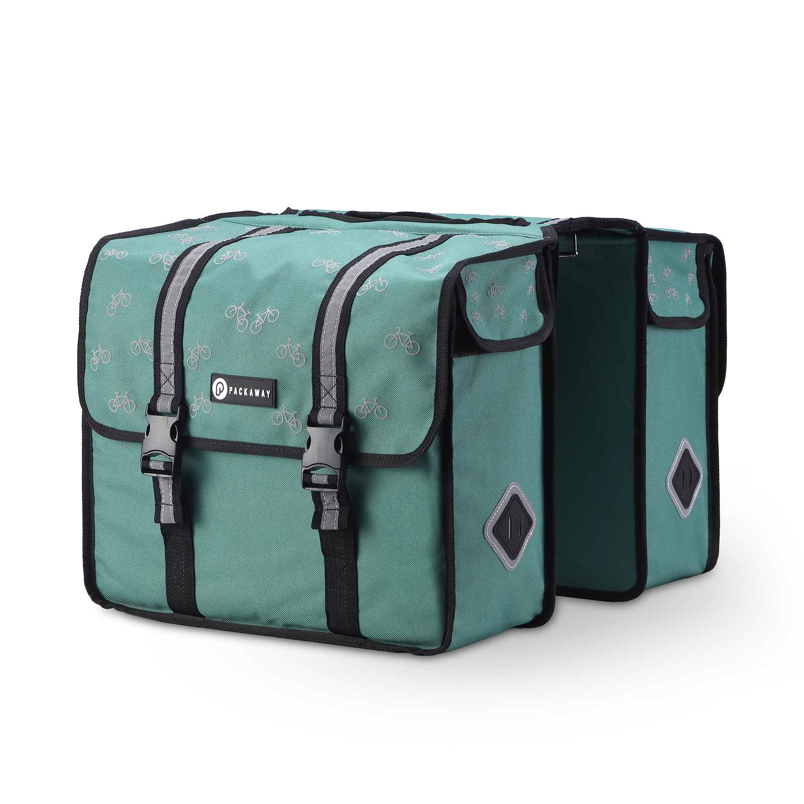 Packaway Dubbele Fietstassen 36L patroon zwart groen - waterdicht - reflectie