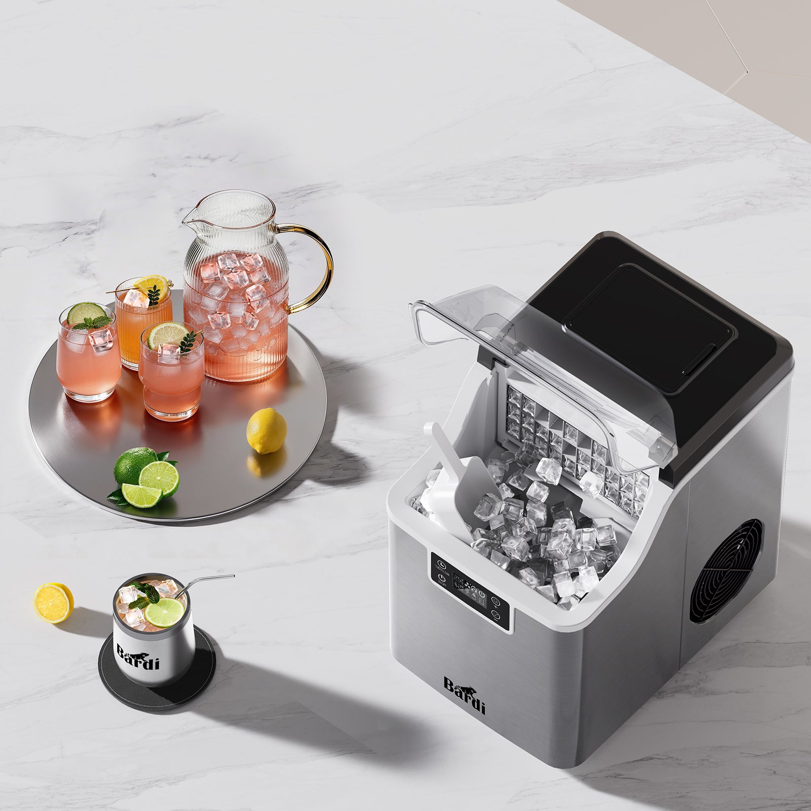 Bardi 3,2L Deluxe IJsblokjesmachine - Vierkante IJsblokmaker - LCD Display - 20Kg/24 uur. inclusief Thermosbeker en IJsschep- RVS met citruspers RVS