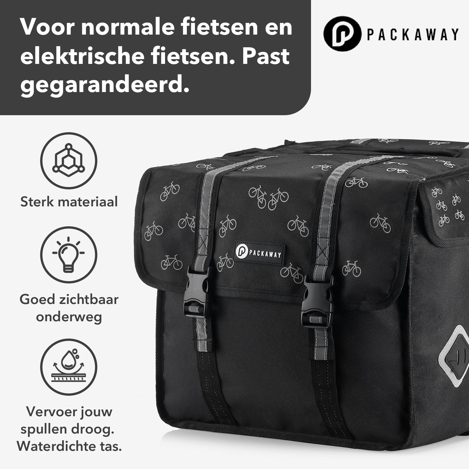 Packaway Dubbele Fietstassen 36L fietspatroon - waterdicht - reflectie
