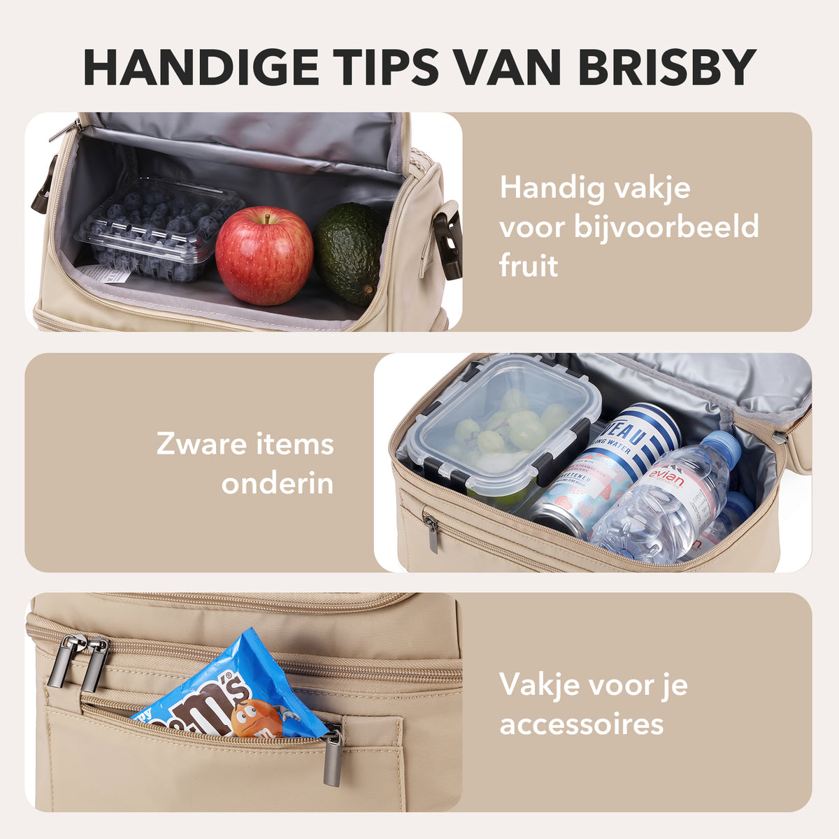 Brisby Koeltas 11 Liter - Lunchtas - Inclusief 2 Koelelementen - Dubbel Compartiment - 4-Laags Geïsoleerd - Waterafstotend - Natural Champagne