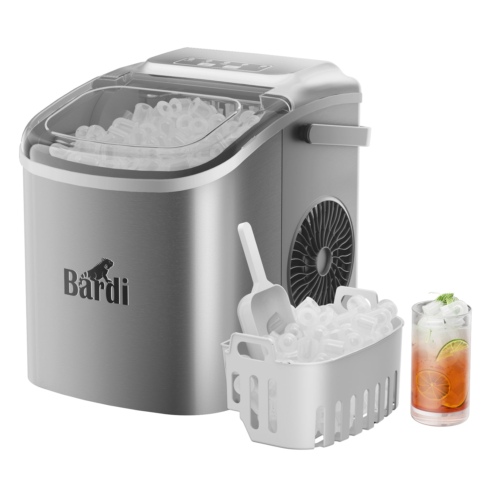Bardi Deluxe Ice Cube Machine 1.2L Stainless Steel - Self-cleaning function - Ice cube maker with ice scoop - Incl. luxury thermos cup and ice scoop