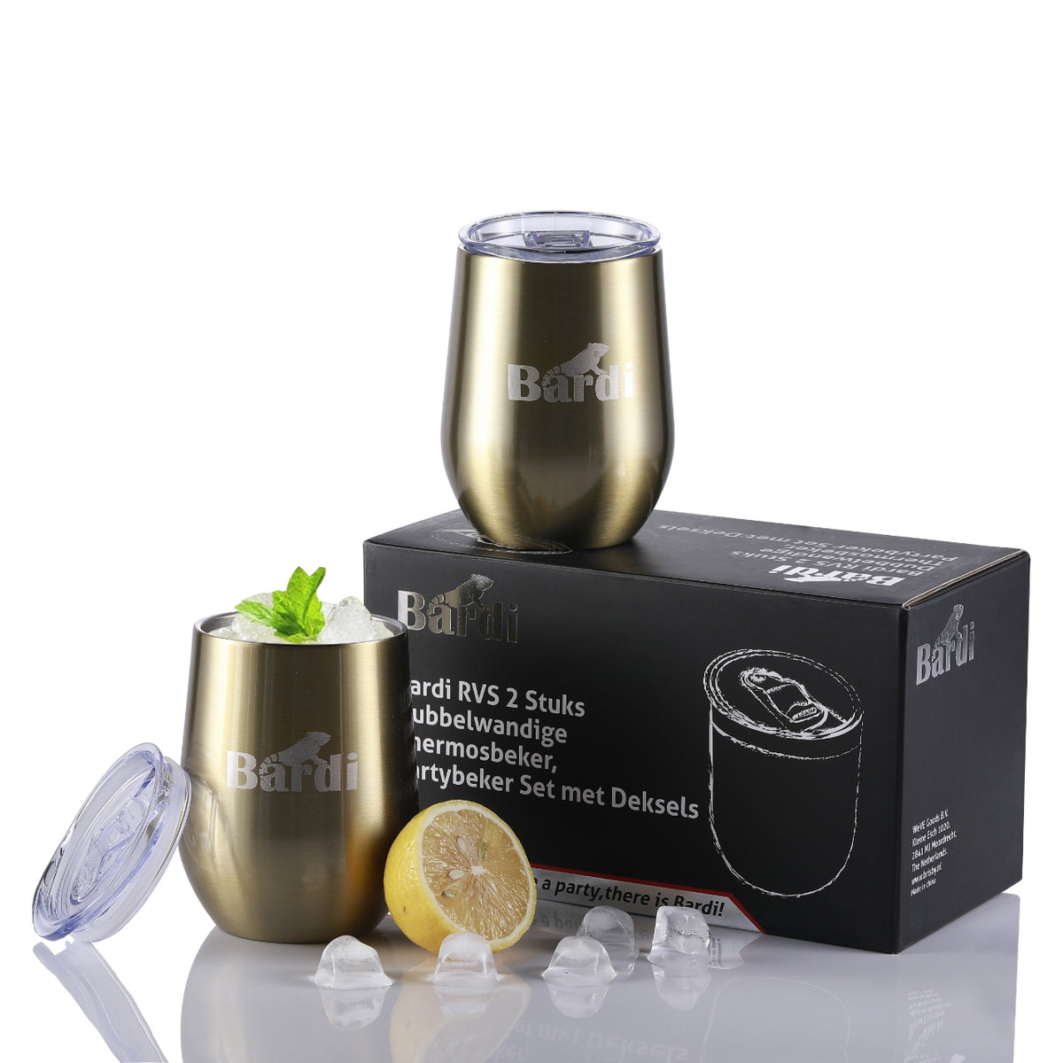 Bardi IJsblokjesmachine set 1,6L RVS - incl. 3 thermoscups goud en ijsschep