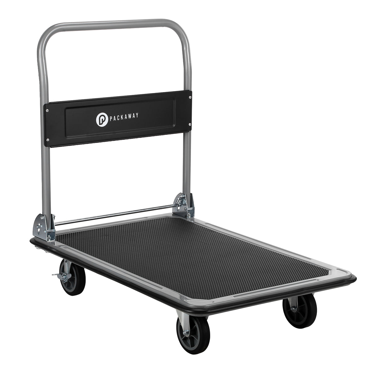 Packaway Opvouwbare Transportwagen 350 kg – Transportkar met Rem – 92 x 62 cm – Antislip Laadplatform – 4 Wielen – Inklapbare Duwbeugel