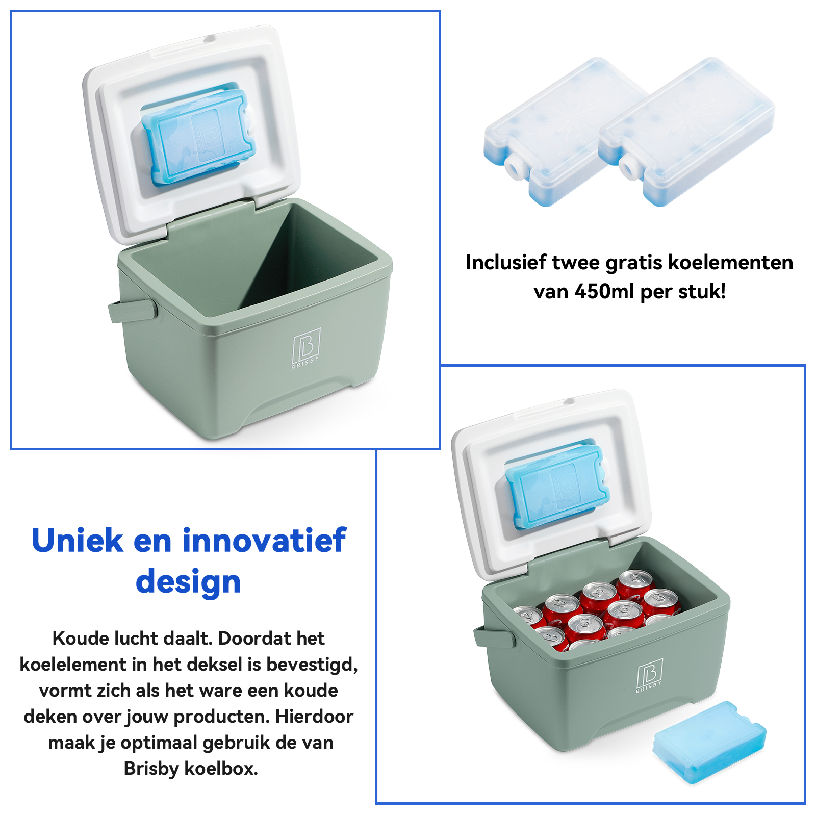 Brisby Koelbox 8L groen - tot 40 uur isolatie - incl. 2 koelelementen - temperatuur veilige sluiting