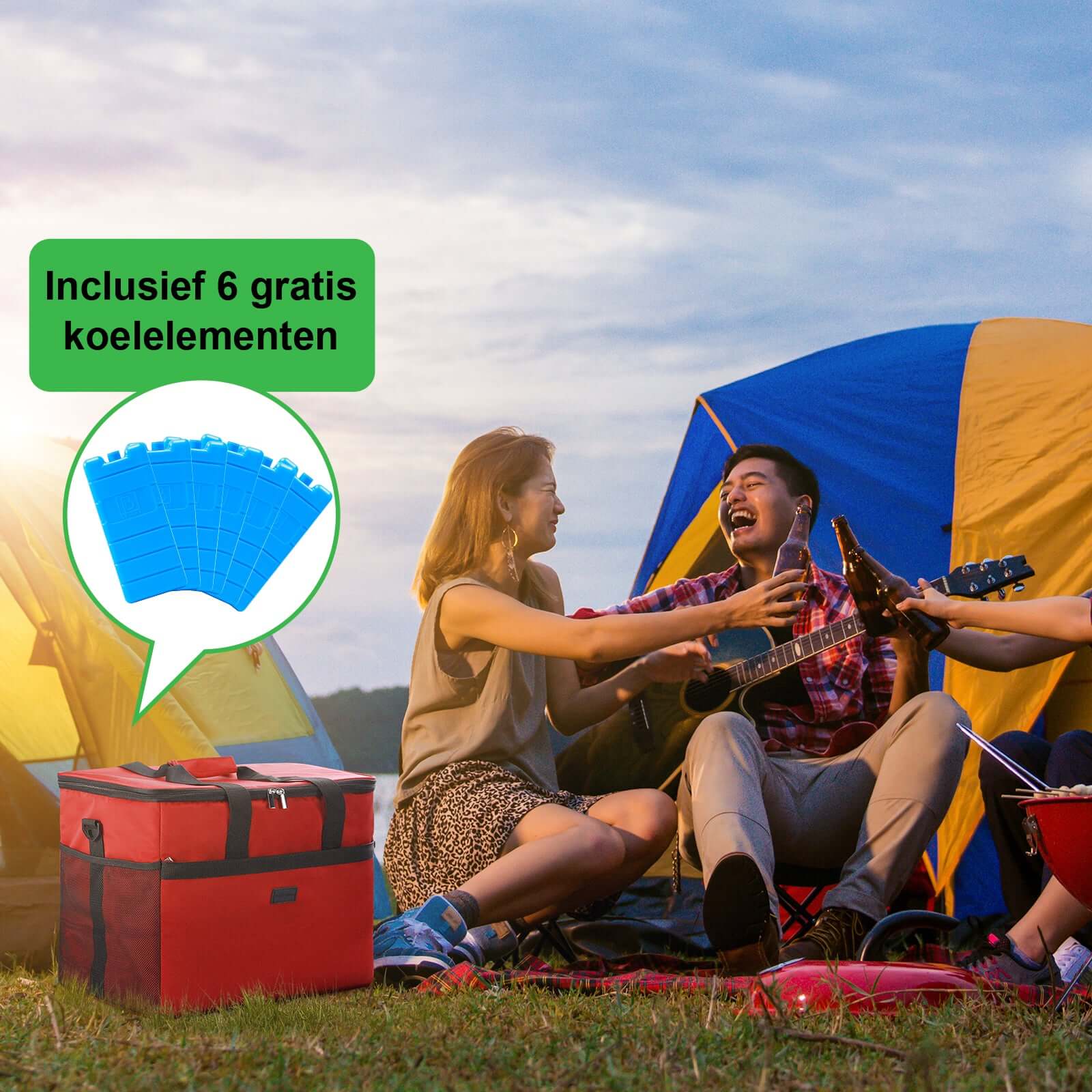 Koeltas 40L rood - Lunchtas - opvouwbaar - 4-laags geïsoleerd - incl. 4 gratis koelelementen en draagband