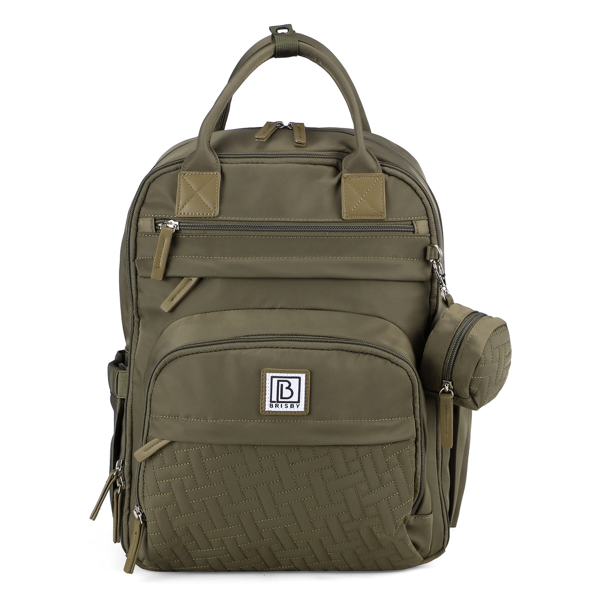 Brisby Premium Luiertas – Uitgebreide en Functionele Verzorgingstas – met buggymontage – Anti Diefstal Vakken - Reistrolley Sleeve - Inclusief verschoonmatje t.w.v.15,99 euro en speenhouder - Levenslange Garantie - Olive Green