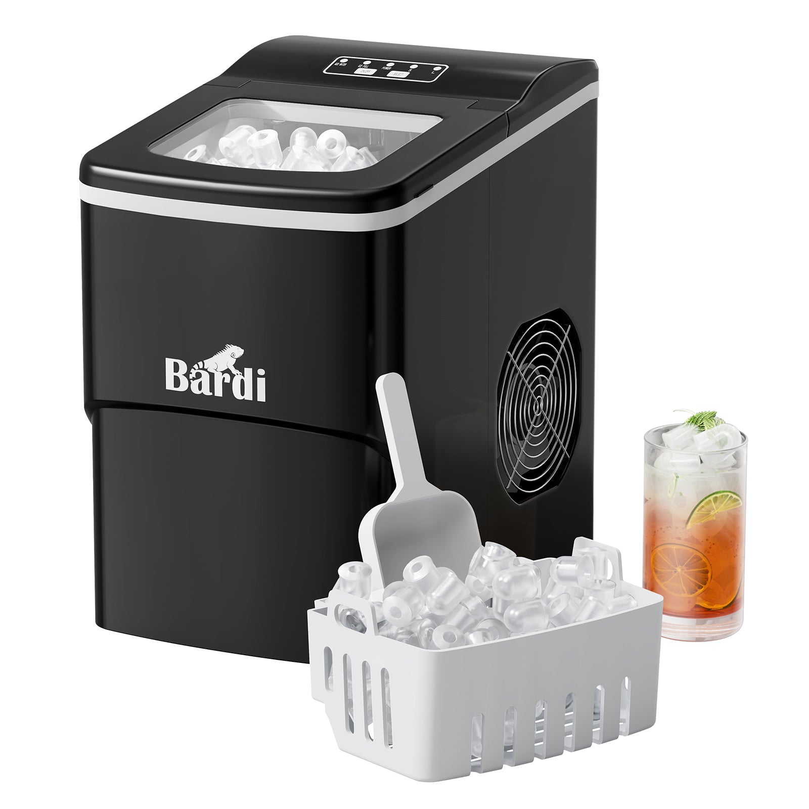 Bardi Deluxe Ice Cube Machine 2L black - Self-cleaning function - ice cube maker with ice scoop - Incl. luxury thermos cup and ice scoop