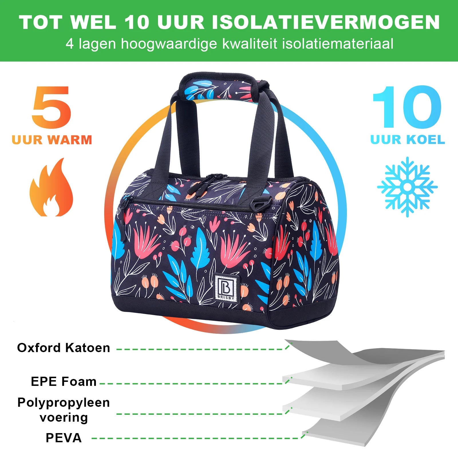 Koeltas 10L night flower - Lunchtas - 4-laags geïsoleerd - 2 gratis koelelementen - incl. schouderband