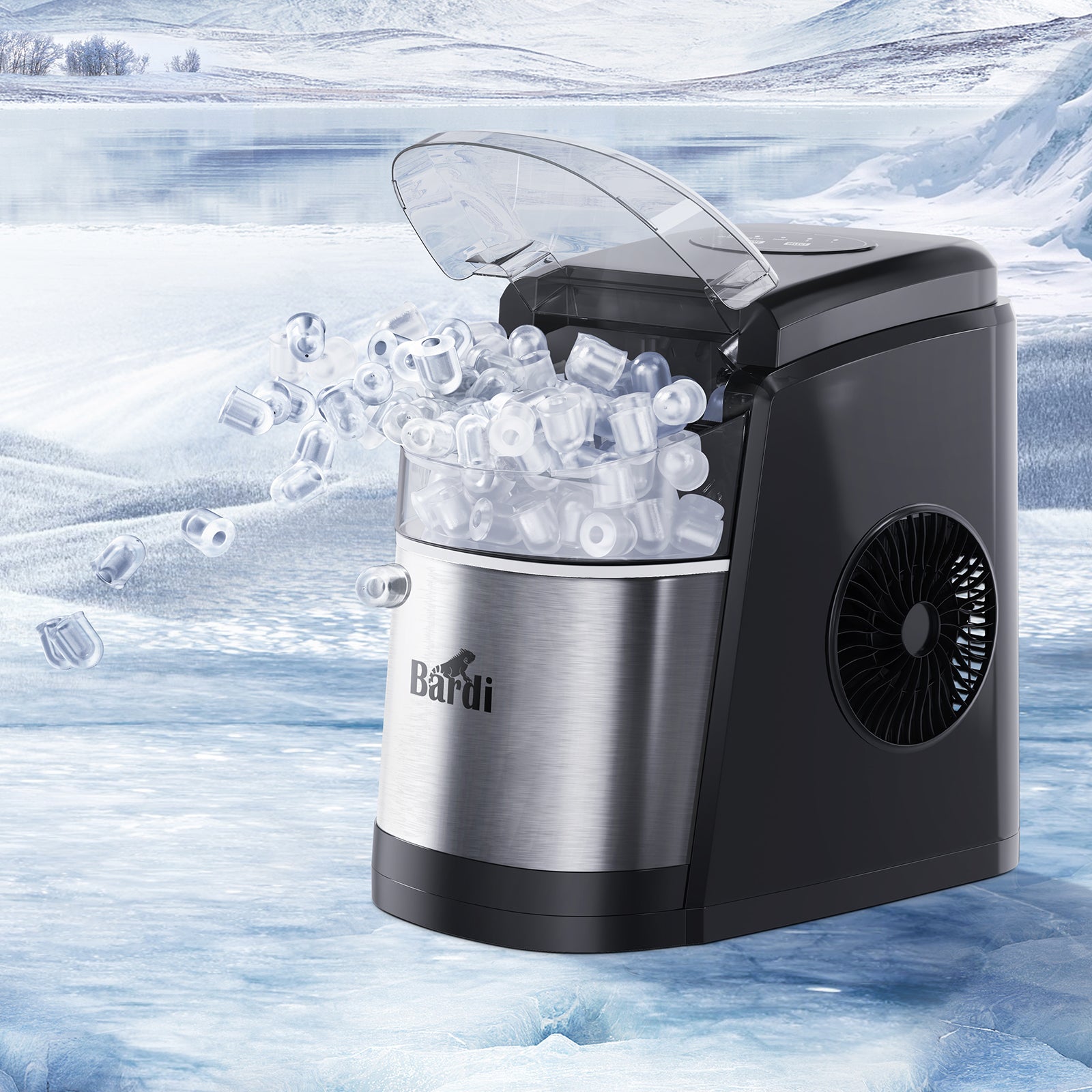 Bardi Deluxe Ice Cube Machine 1.6L black stainless steel - Self-cleaning function - ice cube maker with ice scoop - Incl. luxury thermos cup and ice scoop