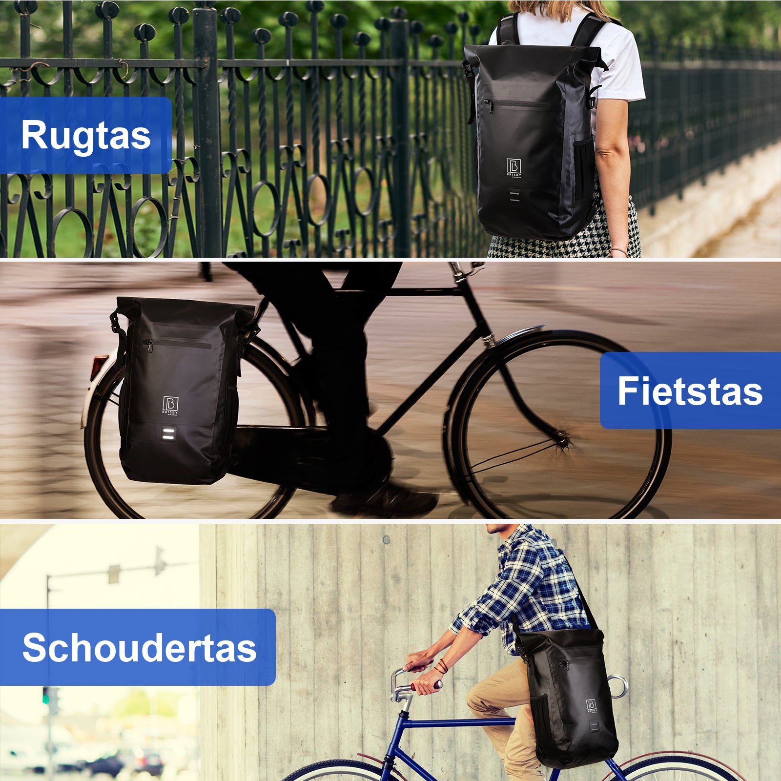 3 in 1 waterproof rolltop bicycle bag set 40-52L black - reflective - high visibility - bicycle bag - backpack - shoulder bag
