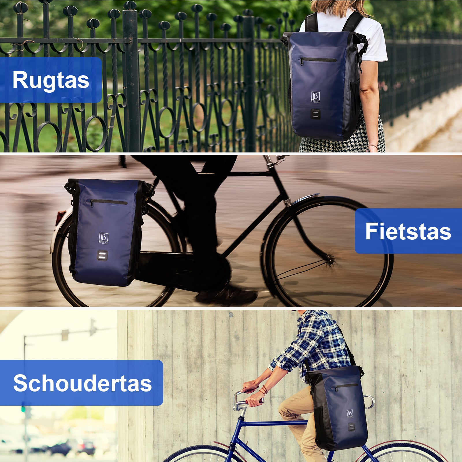 3 in 1 waterproof rolltop bicycle bag set 40-52L blue - reflective - high visibility - bicycle bag - backpack - shoulder bag