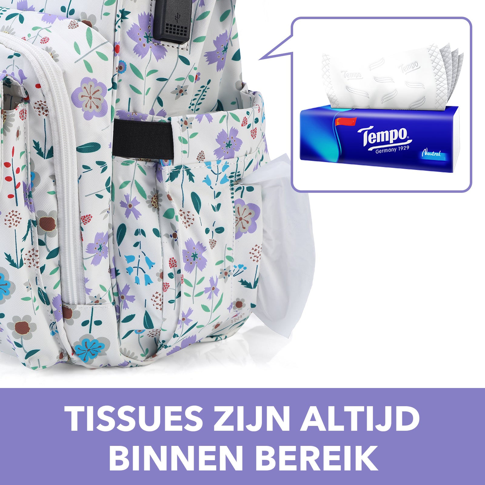 Stayopen luiertas purple flower - Verzorgingstas - stay-open frame - USB oplaadfunctie - incl. buggymontage en verschoonmat