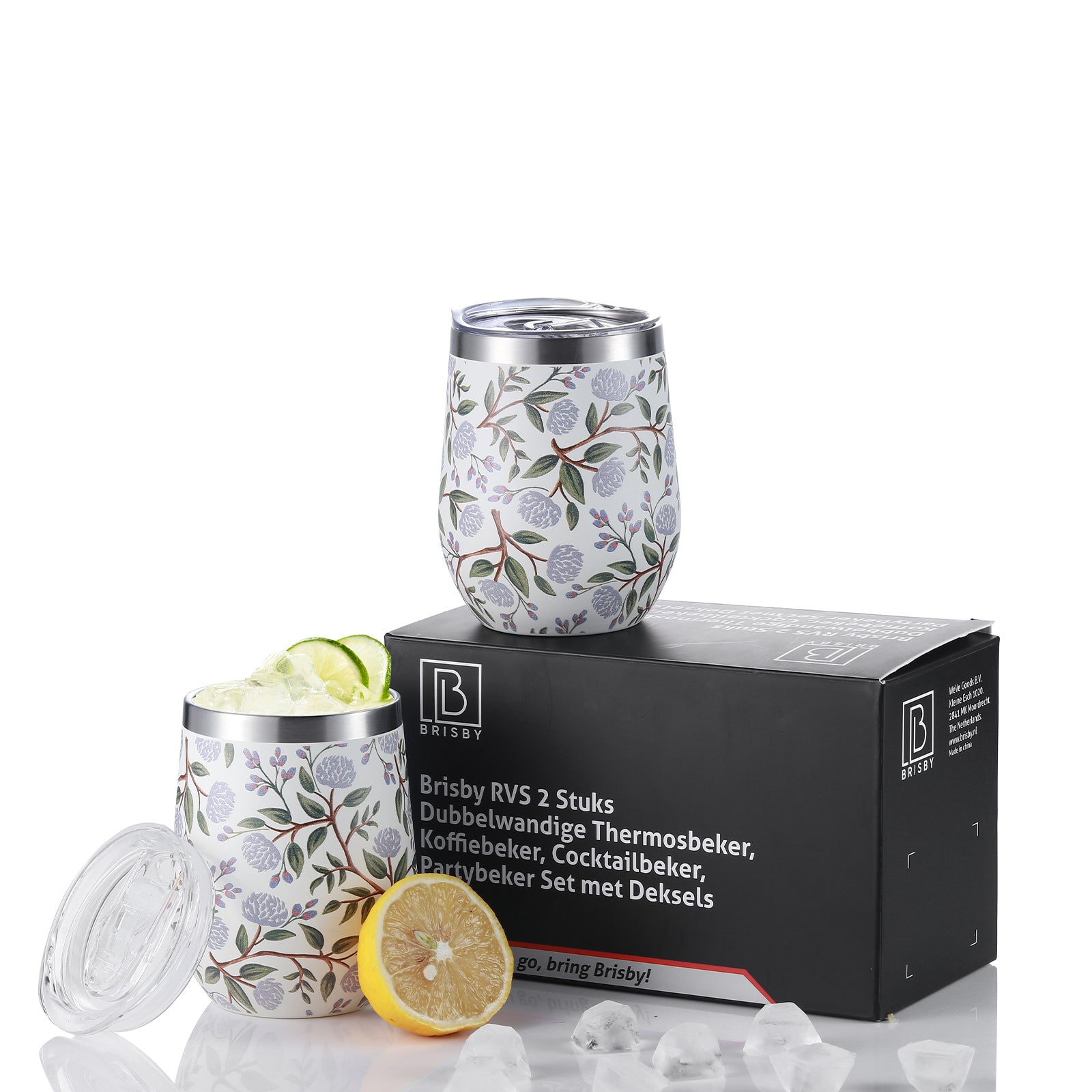 Bardi Thermosbekers 0,3L RVS white flower set - incl. deksels - dubbelwandig