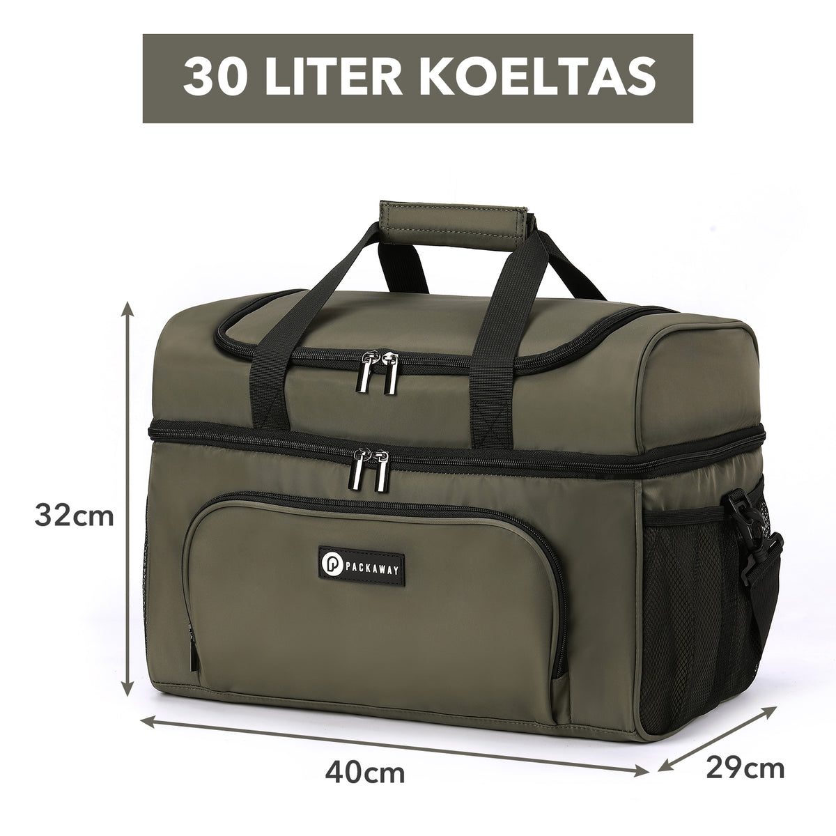Packaway Koeltas 30L - Lunchtas - Inclusief 4 Koelelementen - Dubbel Compartiment - 4-Laags Geïsoleerd - Waterafstotend - Olive Green