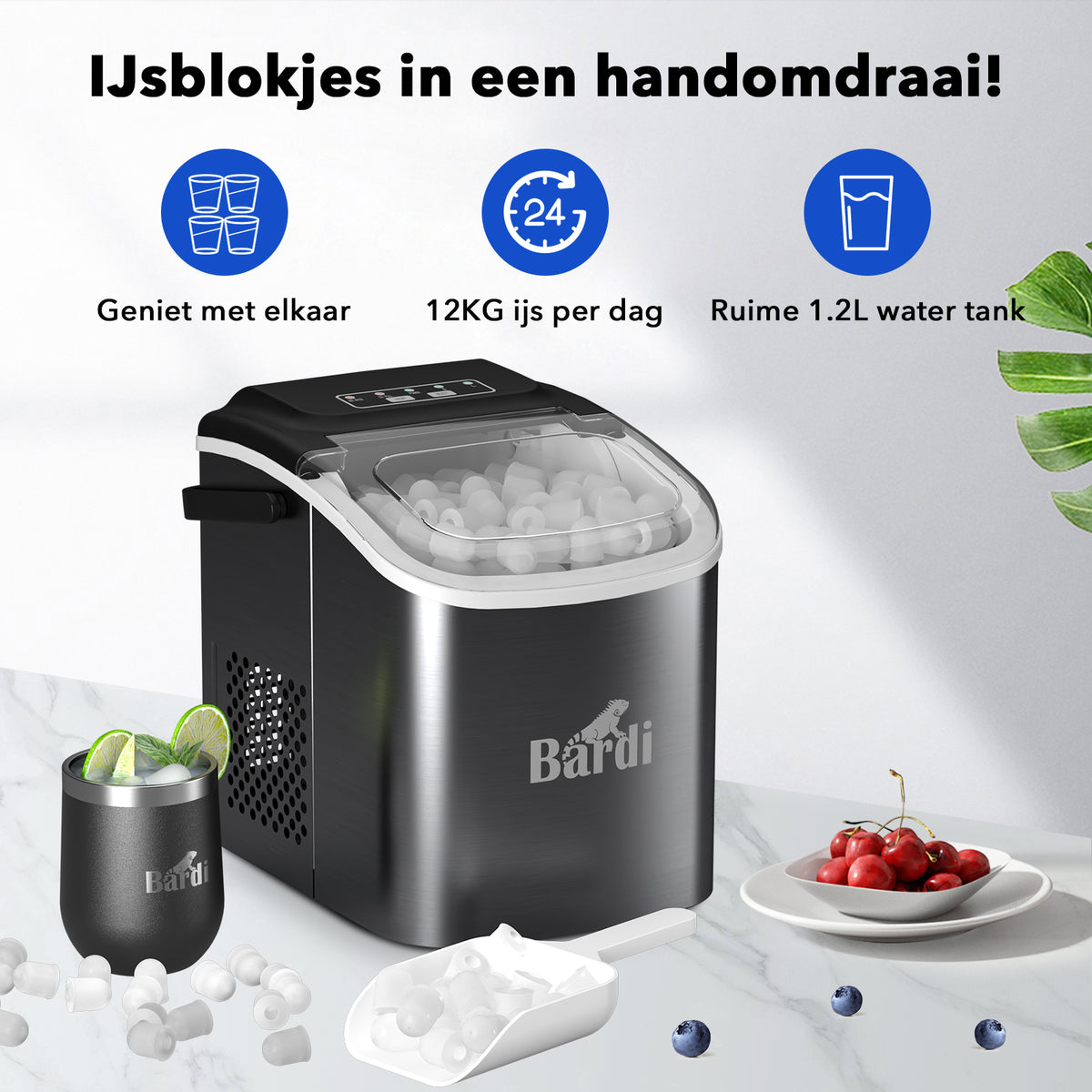 Bardi 1.3L Deluxe IJsblokjesmachine – IJsblokmaker Inclusief Luxe Thermosbeker en IJsschep – 9 Blokjes in 8 Minuten – Gunmetal Zwart