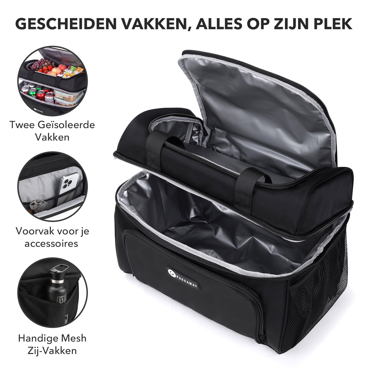 Packaway Koeltas 20L - Lunchtas - Inclusief 4 Koelelementen - Dubbel Compartiment - 4-Laags Geïsoleerd - Waterafstotend - Signature Black