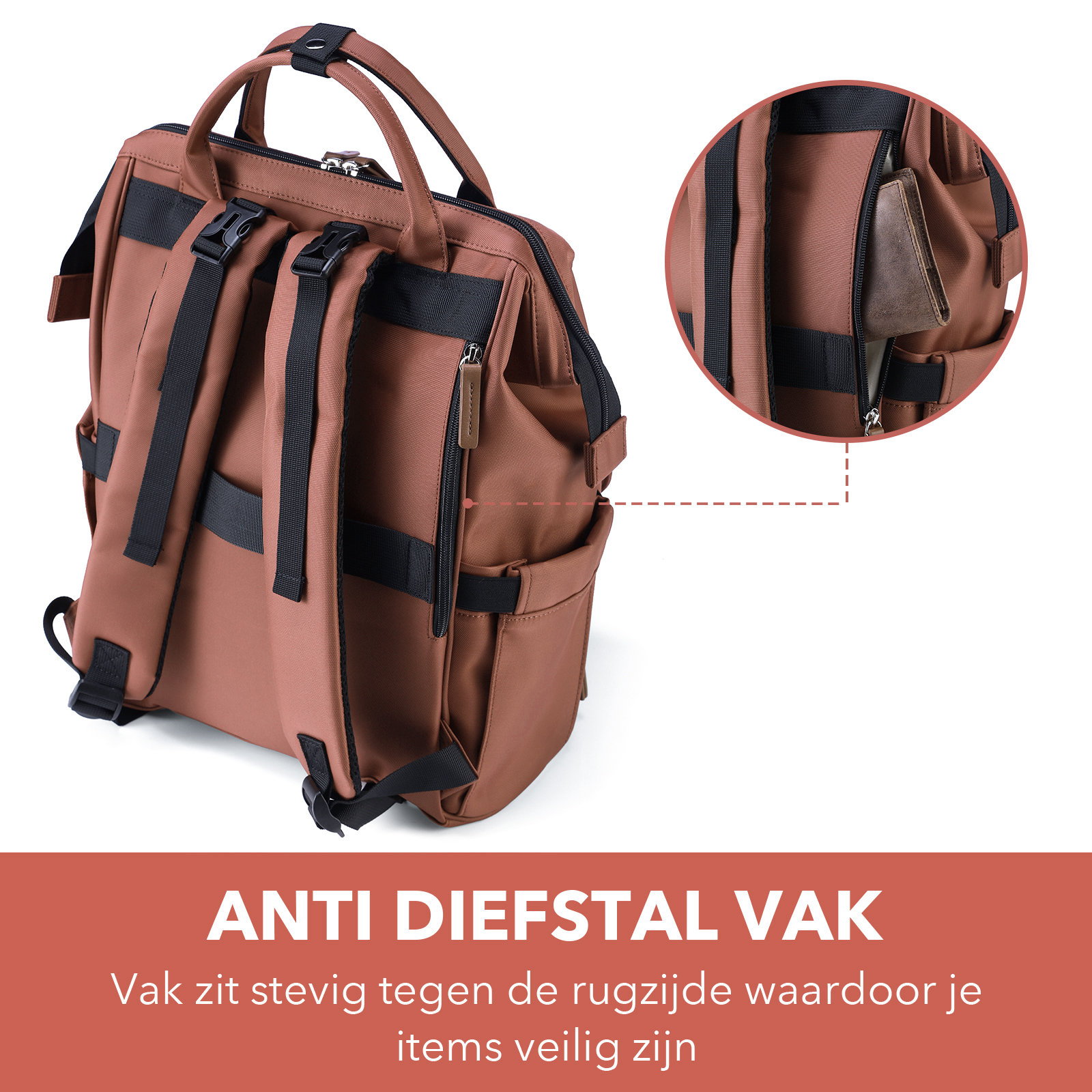 Stayopen luiertas roodbruin - Verzorgingstas - stay-open frame - USB oplaadfunctie - incl. buggymontage en verschoonmat
