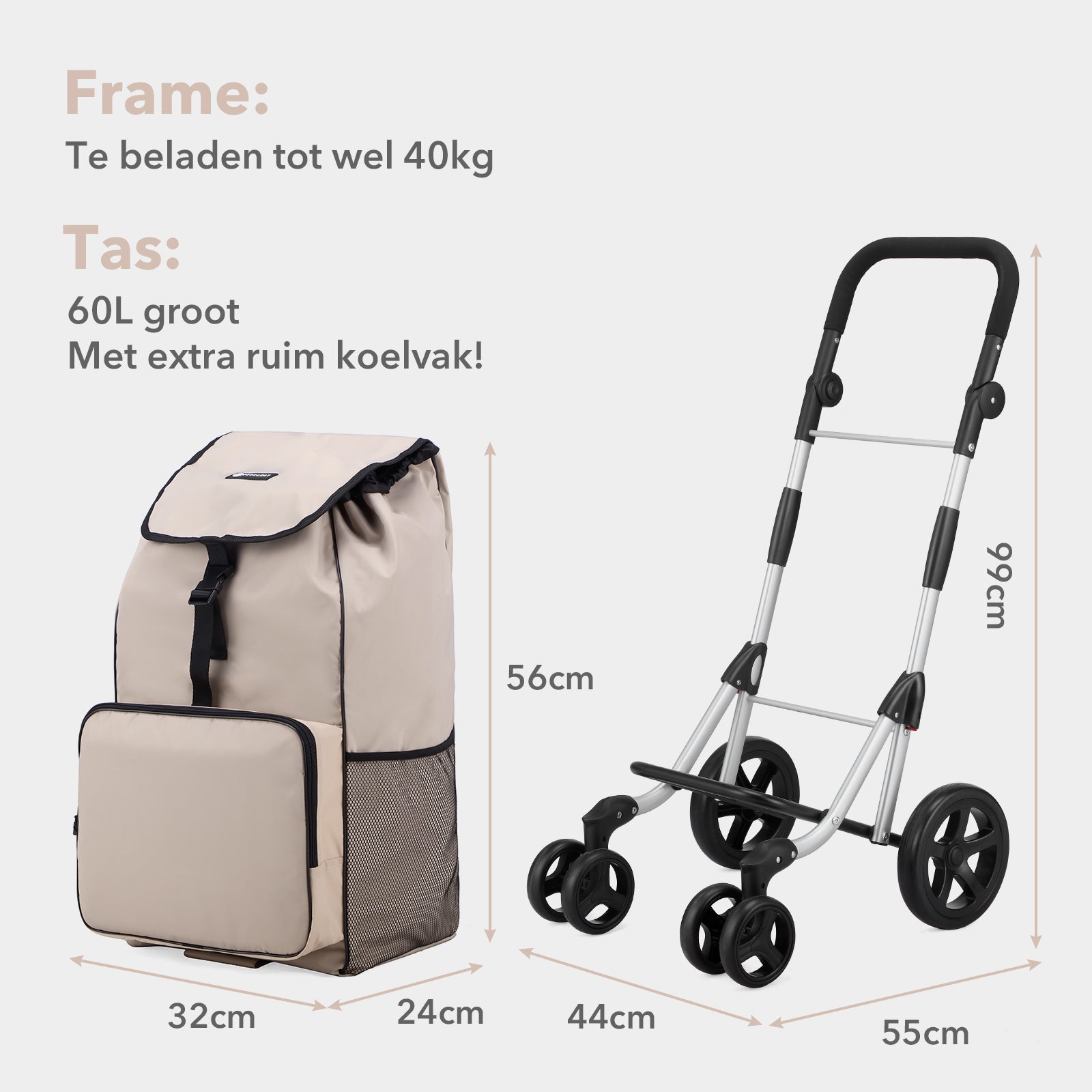 Packaway Boodschappentrolley met 4 wielen - boodschappenwagen deluxe met koelvak en verstelbaar handvat – 60 liter – Champagne
