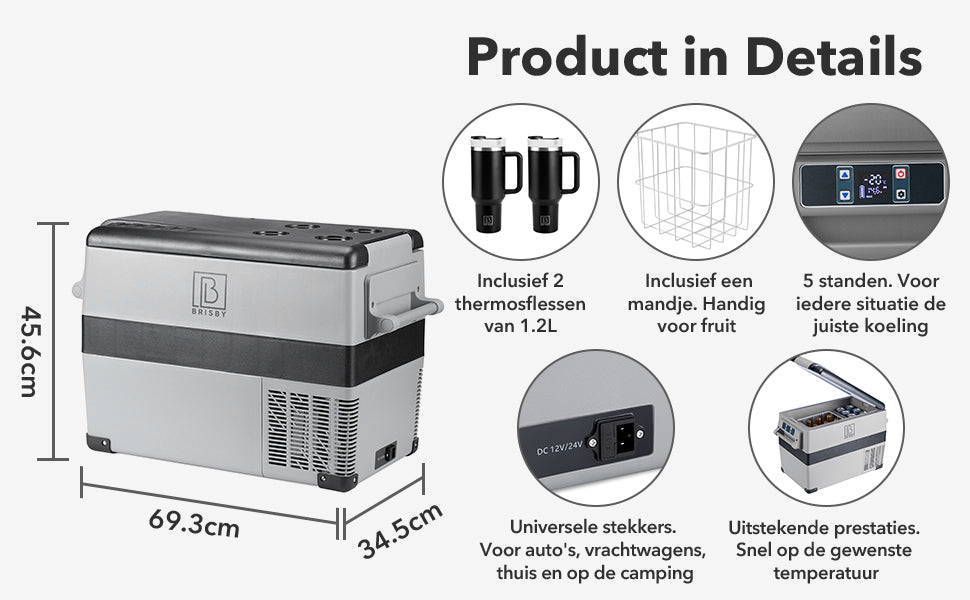 Compressor koelbox 40,5L - Dual zone - koelen en vriezen - 12V en 230V - incl. 2x 1,2L thermosbekers