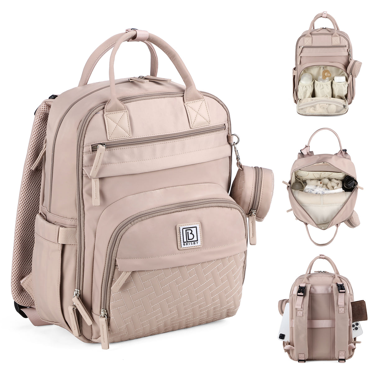 Brisby Premium Luiertas – Uitgebreide en Functionele Verzorgingstas – met buggymontage – Anti Diefstal Vakken - Reistrolley Sleeve - Inclusief verschoonmatje t.w.v.15,99 euro en speenhouder - Levenslange Garantie - Muted Rosé