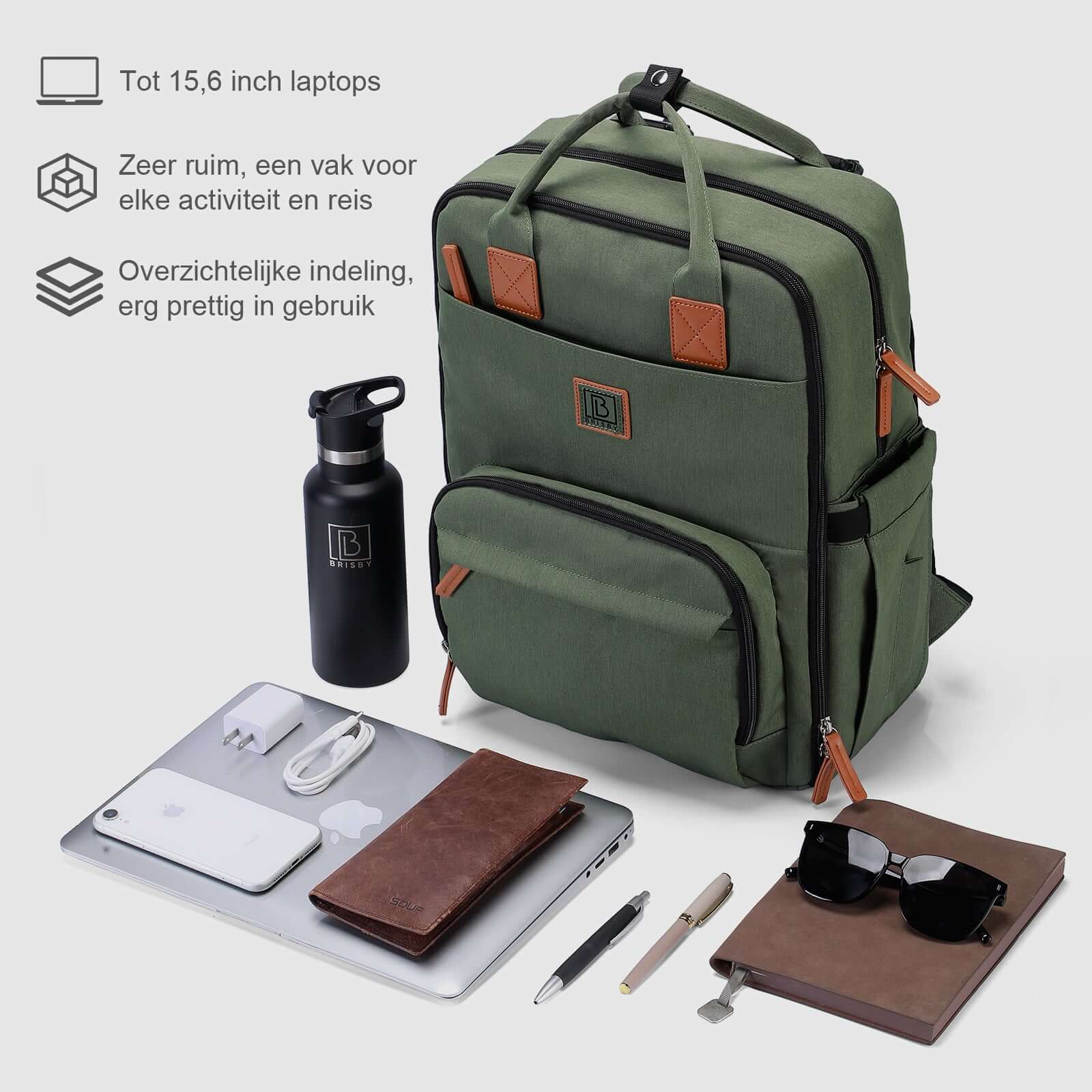 Brisby Rugzak voor Dames & Heren – Comfortabele, Waterafstotende Rugtas met Laptopvak, perfect als Schooltas, Werktas & voor op Reis. Geschikt als handbagage. Levenslange Garantie! - Groen Brisby Rugzak voor Dames & Heren – Comfortabele, Waterafstot