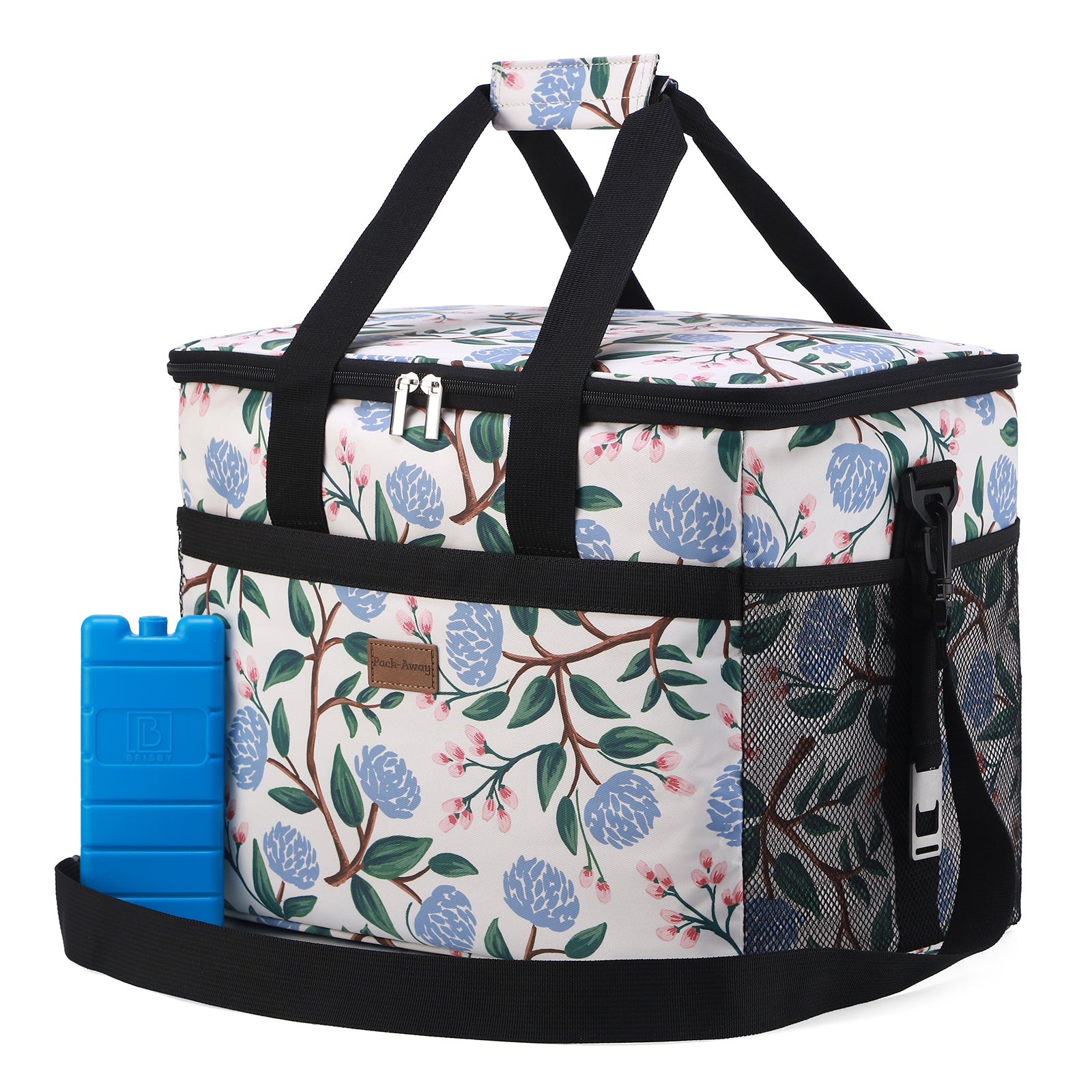 Cooler bag 30L white flower - lunch bag - foldable - 4-layer insulated - incl. 4 free cooling elements and carrying strap