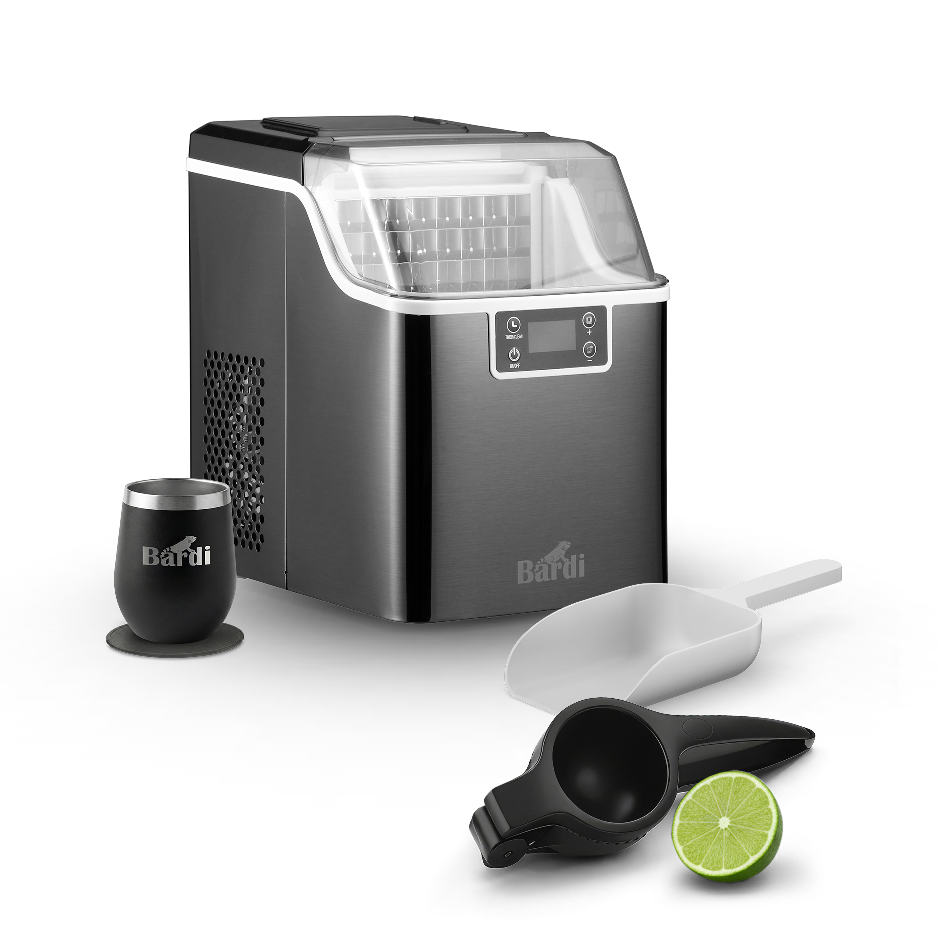 Bardi 3,2L Deluxe IJsblokjesmachine - Vierkante IJsblokmaker - LCD Display - 20Kg/24 uur. inclusief Thermosbeker en IJsschep - ZWART met citruspers Zwart