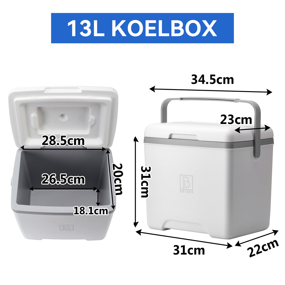 Brisby Koelbox - Frigobox - 13L- Wit- Tot maximaal 40 uur isolatie - Incl. 2 dikke koelelementen van 450ml - Met koelelementen vergrendeld in deksel en Brisby 500ml Zwarte Dubbelwandige Thermosfles