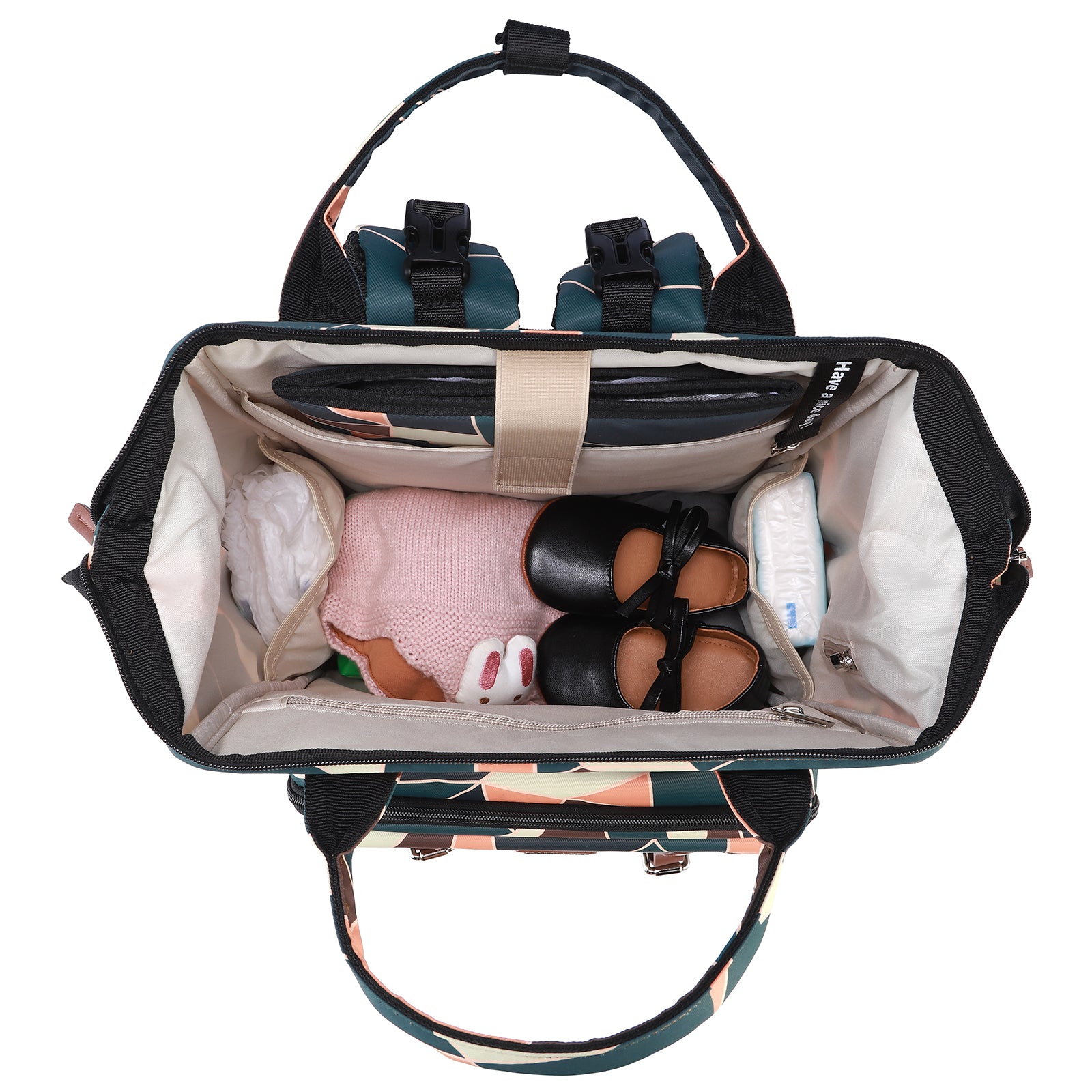 Stayopen luiertas abstract colours - Verzorgingstas - stay-open frame - USB oplaadfunctie - incl. buggymontage en verschoonmat