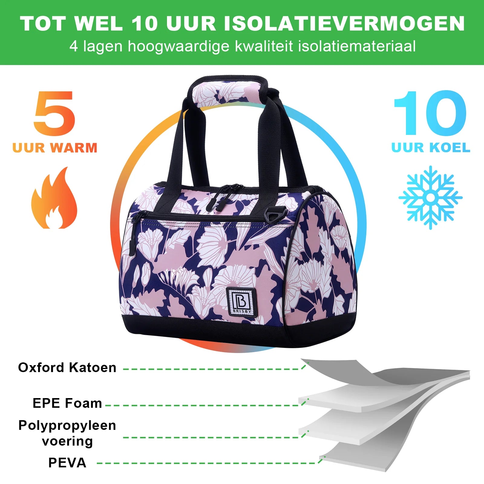 Koeltas 10L sweet leaves - Lunchtas - 4-laags geïsoleerd - 2 gratis koelelementen - incl. schouderband