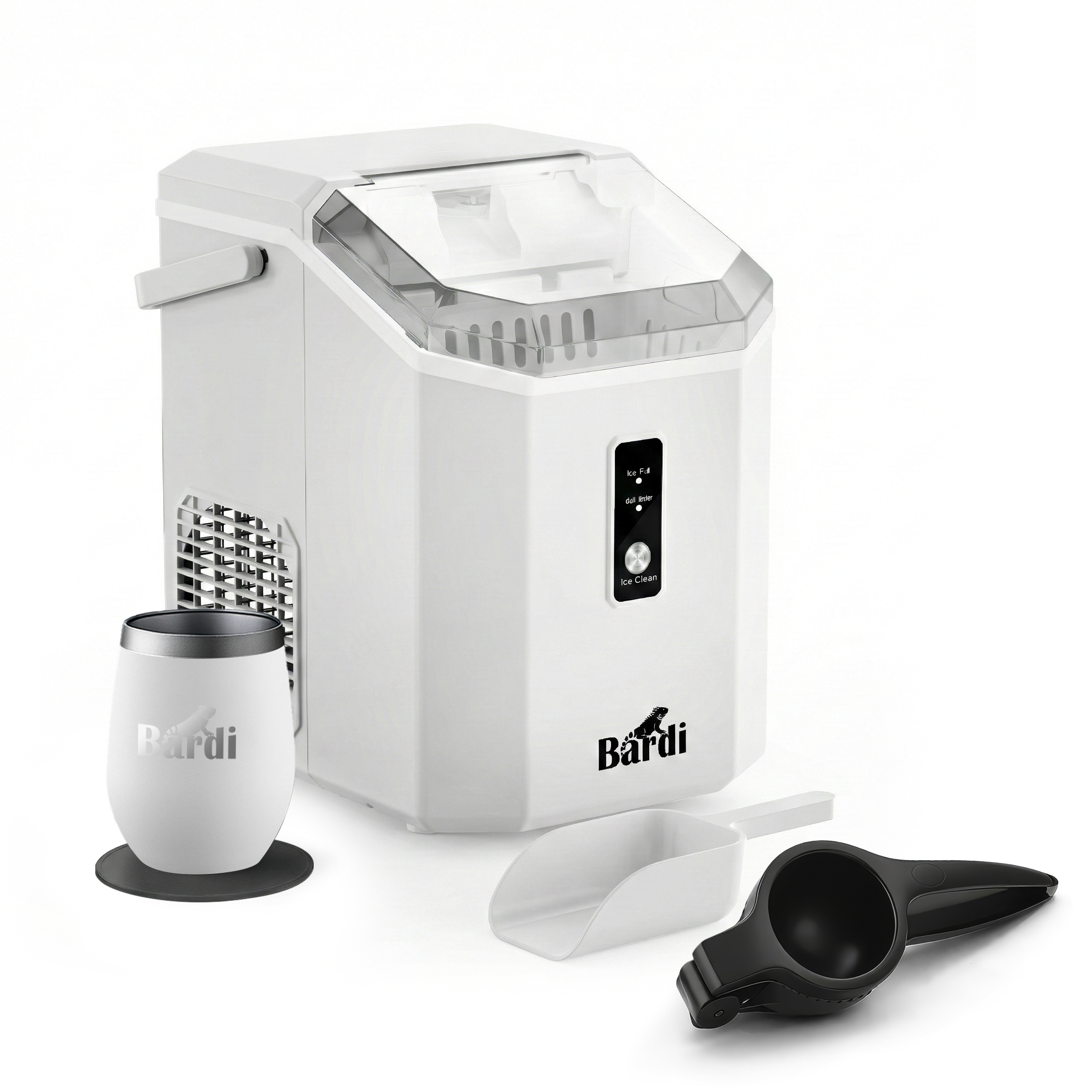 Bardi 1.1L - Nugget IJsblokjesmachine Square - Crushed Ice Maker met IJsschep - 15kg/24 uur - Ijsblokjesmaker - Met Luxe Thermosbeker - WIT met citruspers Zwart