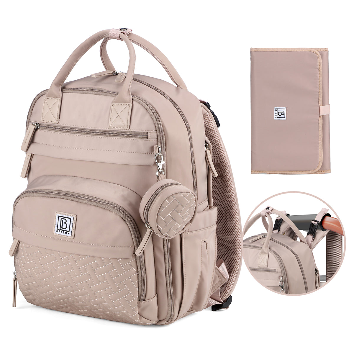 Brisby Premium Luiertas – Uitgebreide en Functionele Verzorgingstas – met buggymontage – Anti Diefstal Vakken - Reistrolley Sleeve - Inclusief verschoonmatje t.w.v.15,99 euro en speenhouder - Levenslange Garantie - Muted Rosé