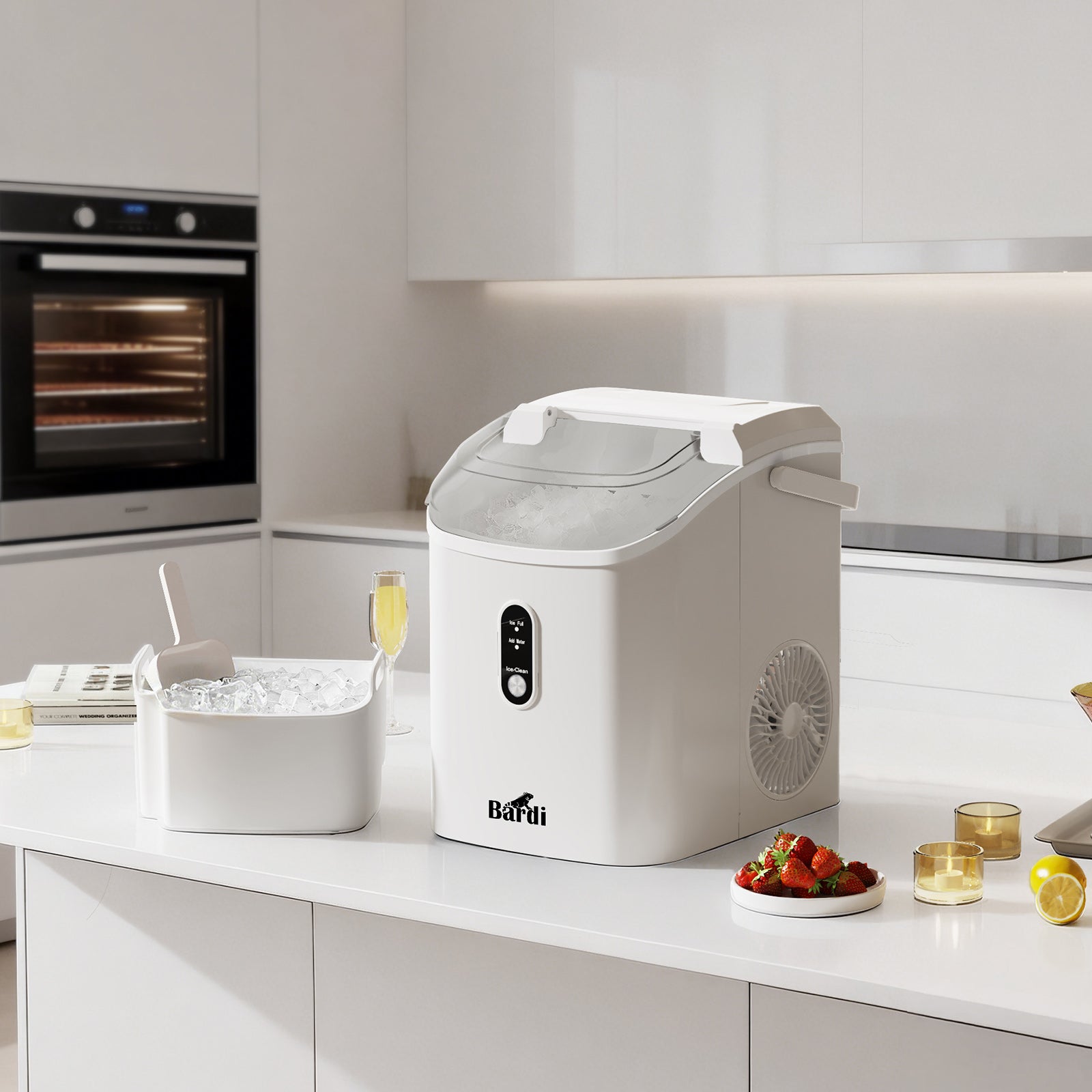 Bardi 1.1L - Nugget IJsblokjesmachine Rond - Crushed Ice Maker met IJsschep - 15kg/24 uur - Ijsblokjesmaker - Met Lux Thermosbeker - WIT - Citruspers Zwart