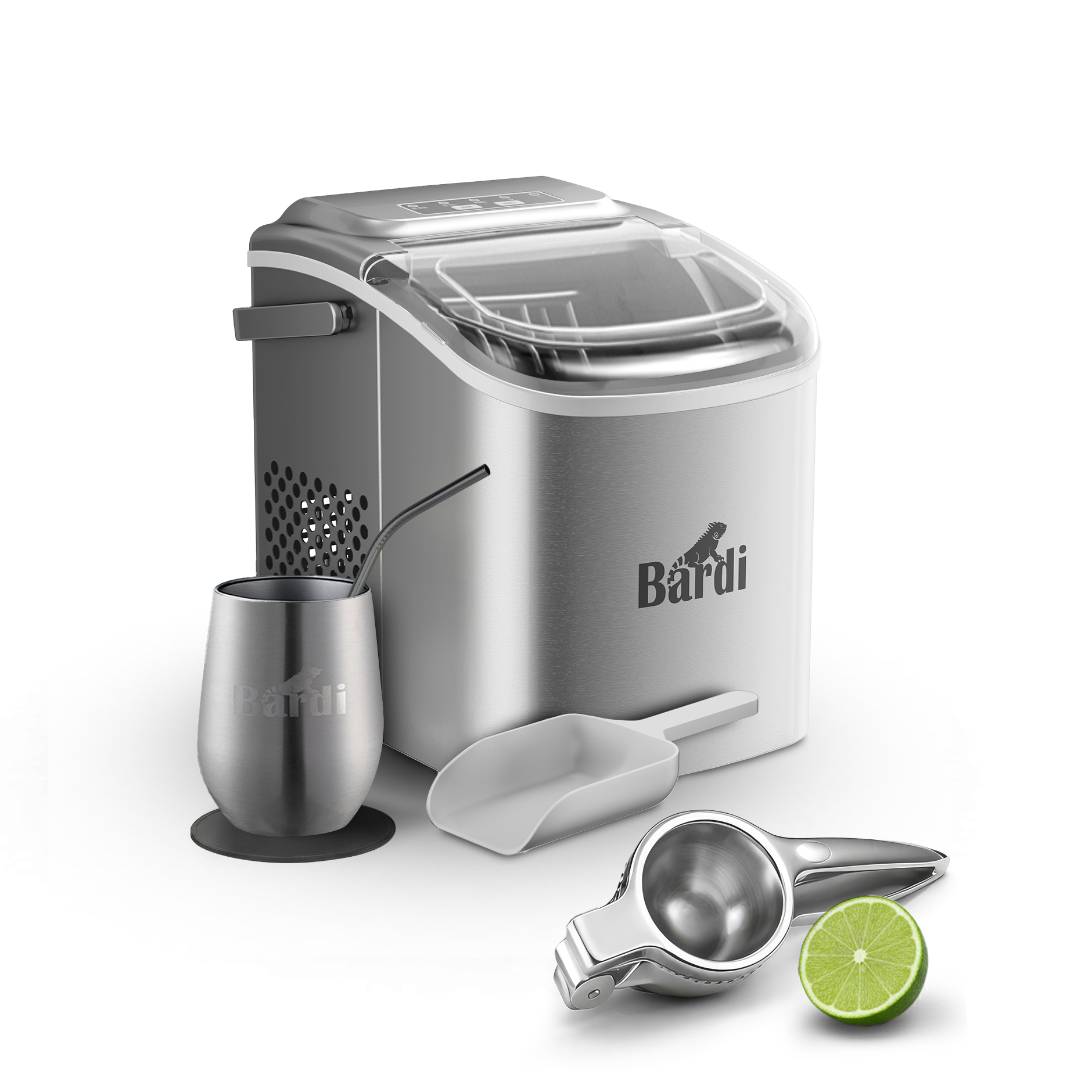 Bardi Deluxe IJsblokjesmachine Set 1,2 Liter - 12KG IJsblokjes in 24 uur - met IJsschep - Inclusief 1 Luxe Thermosbeker en Ijsschep - RVS - Citruspers RVS